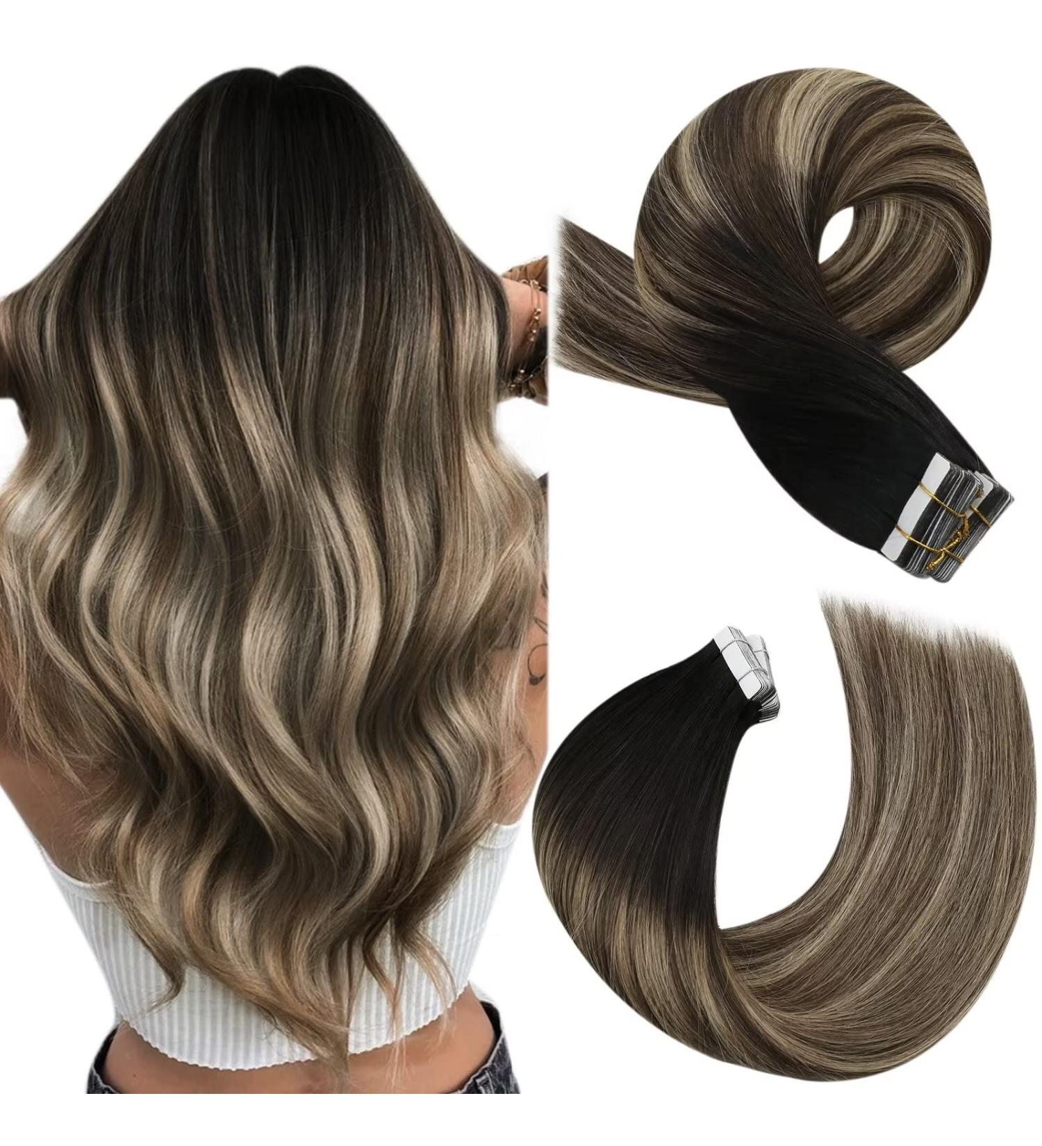 Moresoo Balayage Tape in Human Hair Extensions - Natural Black to Dark Blonde Ombre with Strawberry Blonde Highlights | Remy Hair 14 Inch 20 Pieces/50g - Buy Online on GoSupps.com