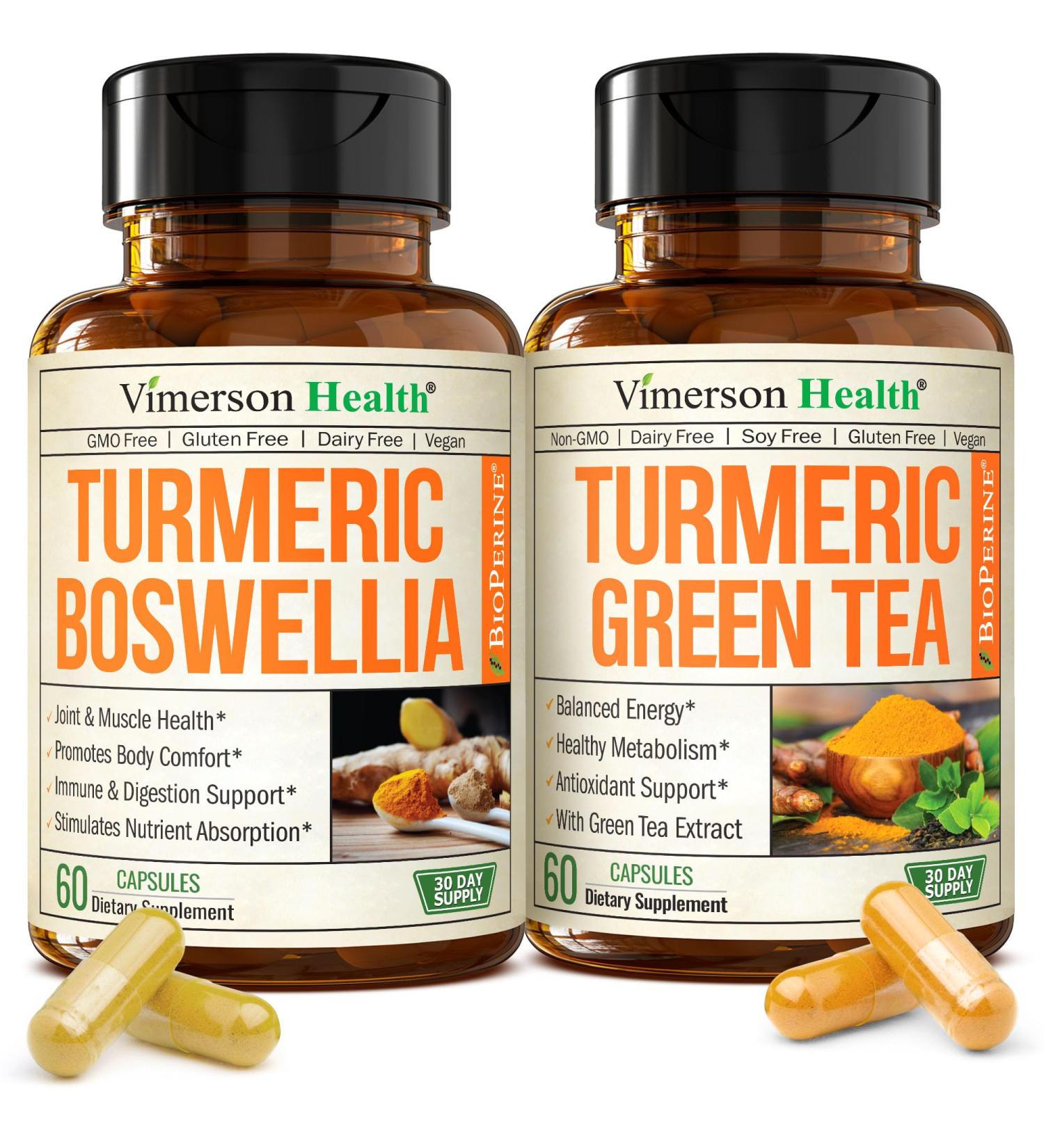 Boswellia Turmeric Curcumin Supplement + Turmeric Green Tea Bundle Supports Joint Health Energy & Inflammation Balance with Ginger Root Tumeric Powder Green Tea Extract (ECGC) & Vitamin C - Buy Online on GoSupps.com