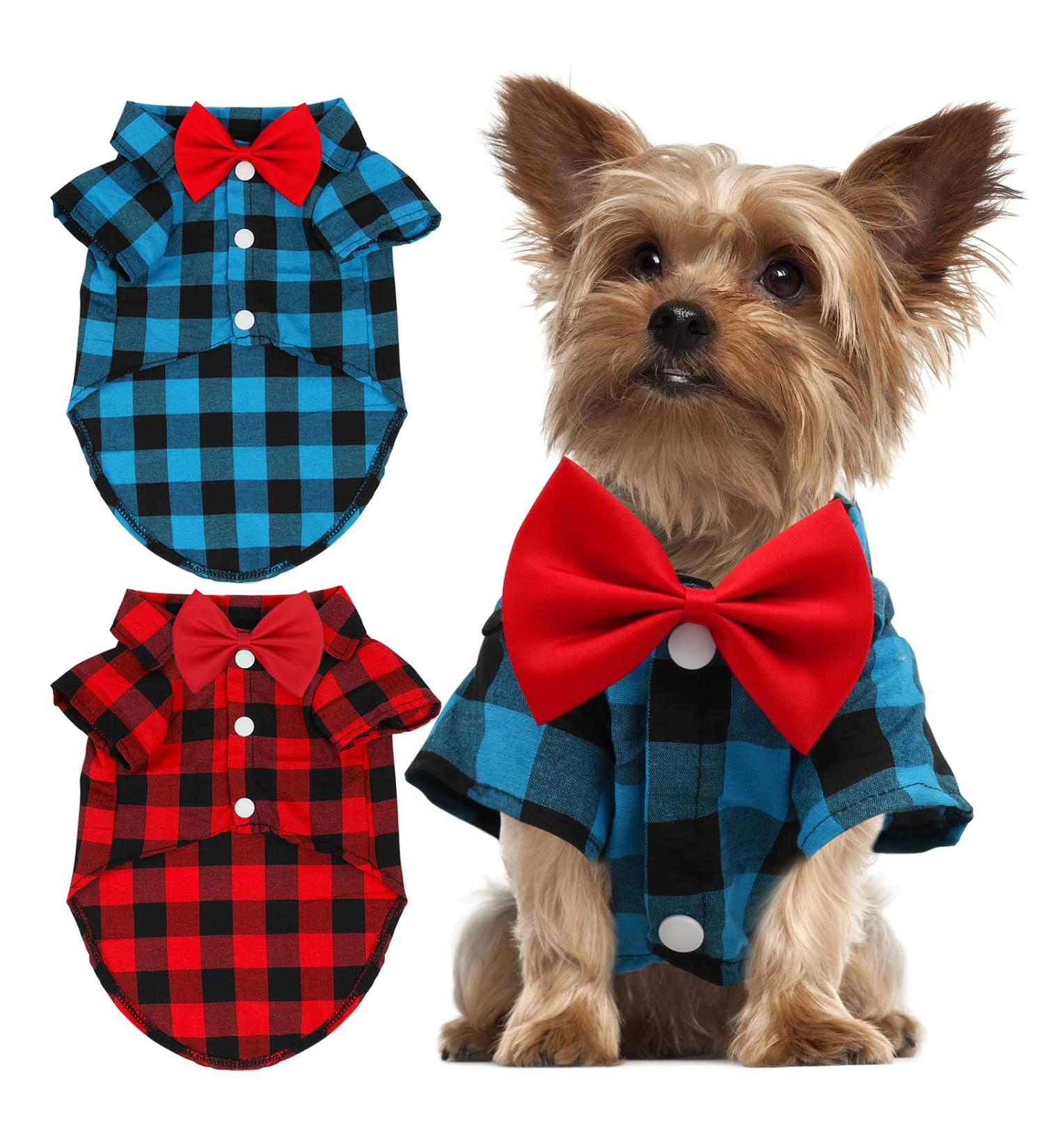 GINDOOR 2 Pack Plaid Dog Shirt with Bow Tie Combo for Small, Medium, Large Dogs and Cats - Cute Boy Dog Clothes for Birthday Party and Holiday Photos - Buy Online on GoSupps.com