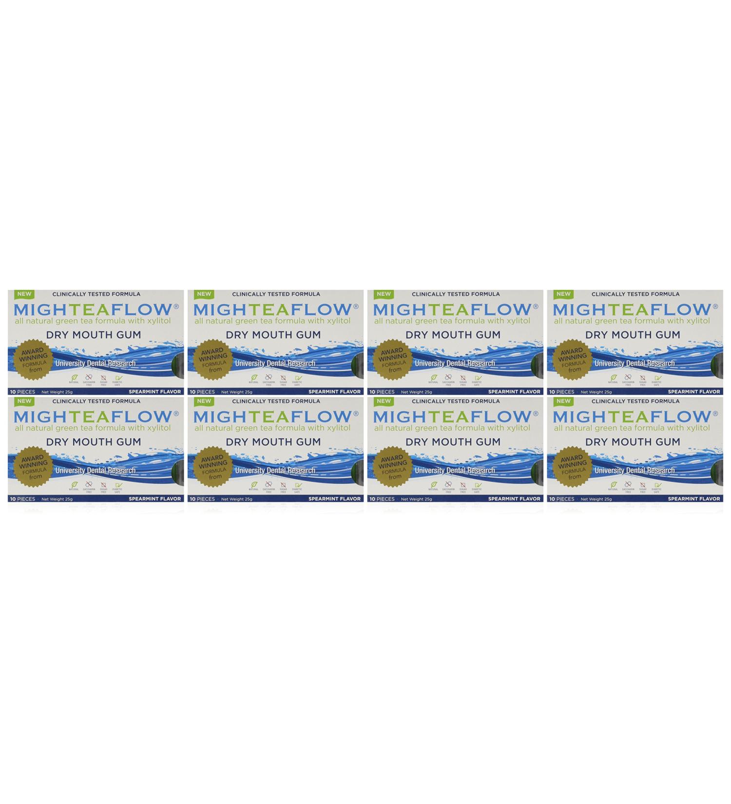 MighTeaFlow Xylitol Dry Mouth Gum - Spearmint - Case of 8 Packs (80 Pieces) - Clinically Tested - Stimulates Saliva - Reduces Bad Bacteria - Buy Online on GoSupps.com