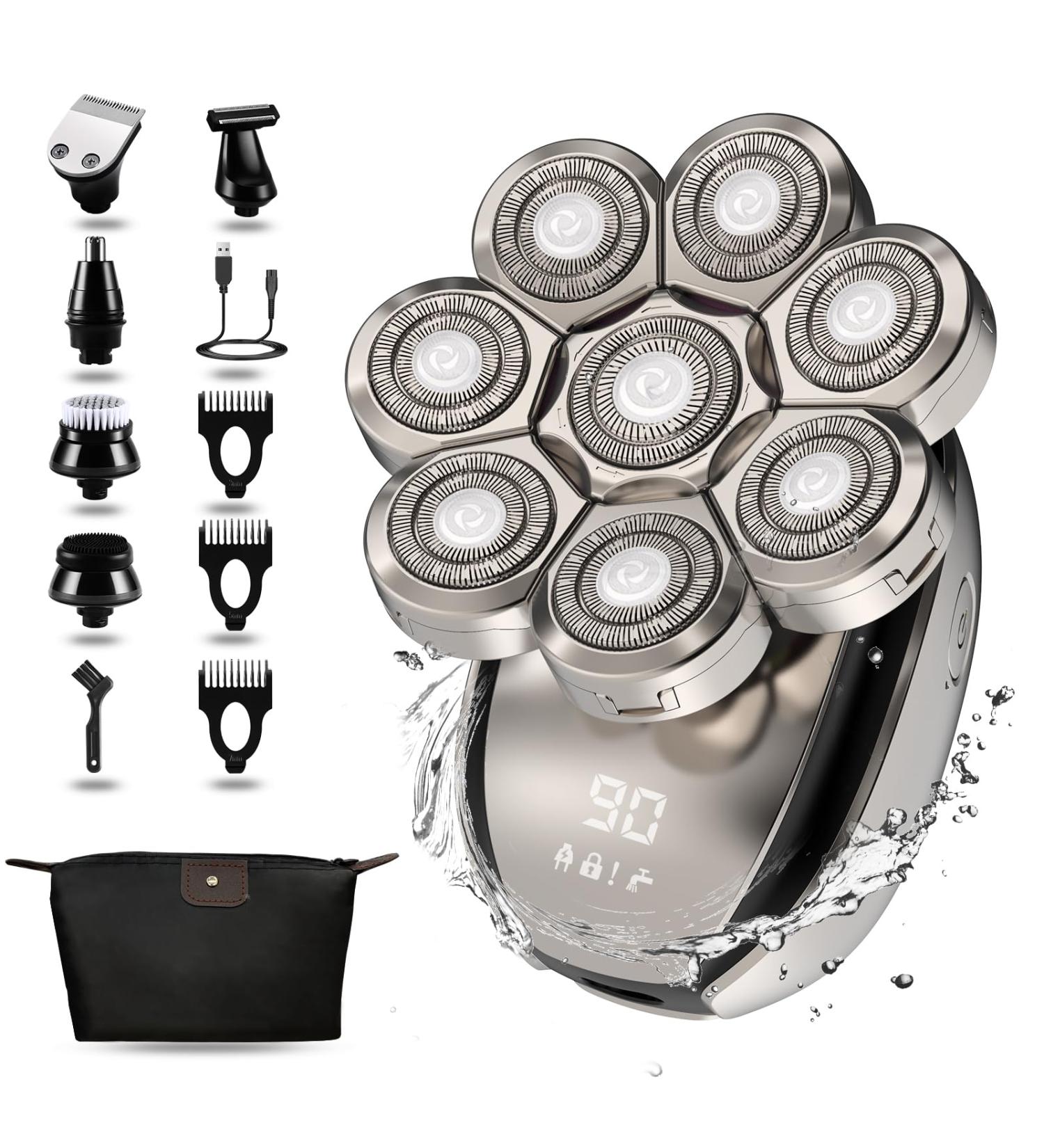 Glatens 6-in-1 Electric Razor for Men | IPX6 Waterproof Bald Head Shaver & Nasal Hair Trimmer | 8D Rotary Silver Grooming Kit - Buy Online on GoSupps.com
