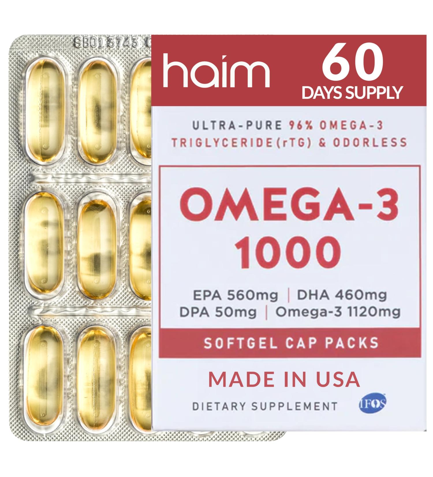 HAIM Omega-3 1000 Fish Oil Softgels 1120mg Omega-3 with EPA DHA Fatty Acids Burpless, Odorless, No Fishy Smell Triple Strength Concentrated Supplement Nutritional Softgels 60 Count - Buy Online on GoSupps.com