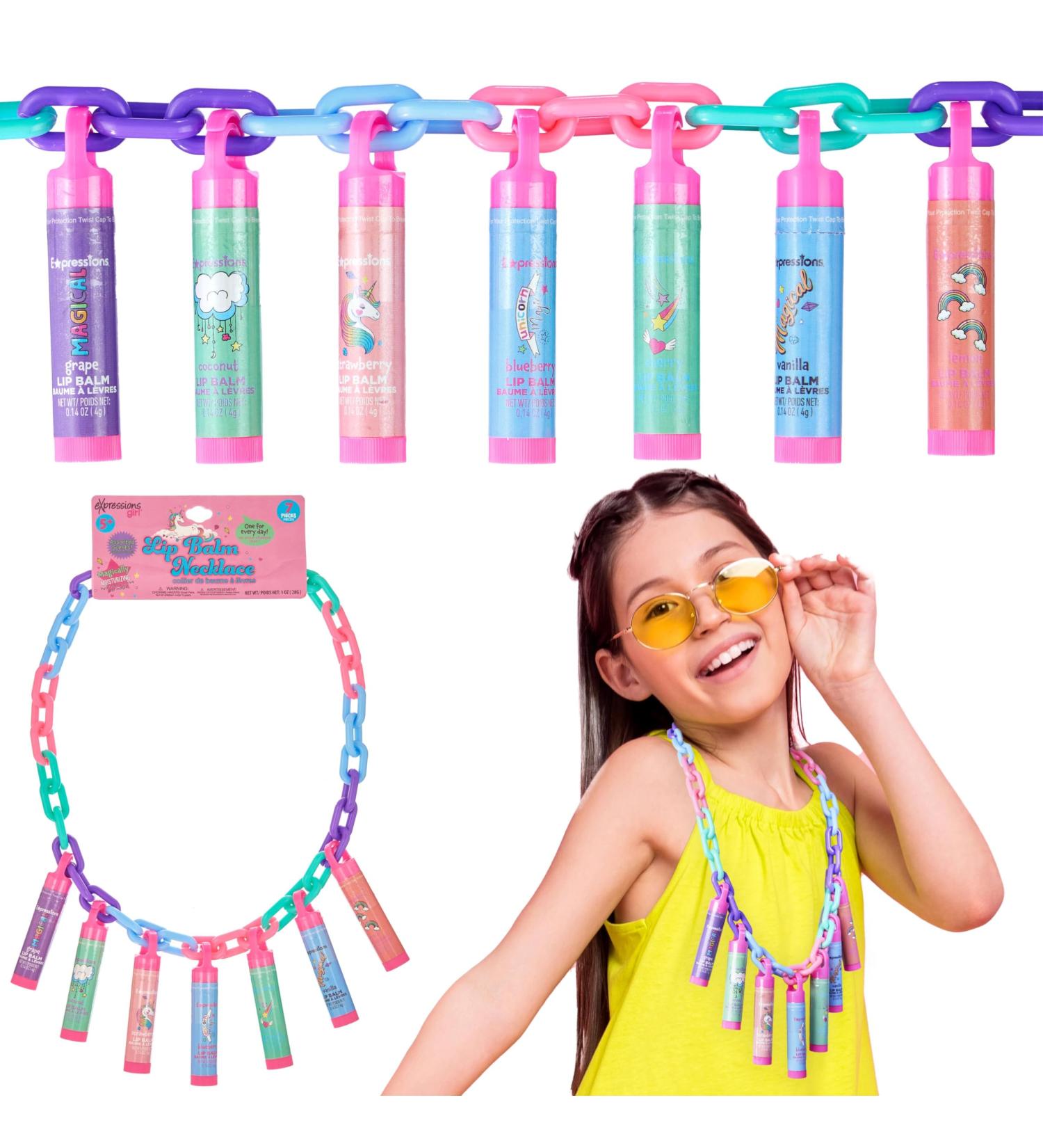 Expressions 7pc Lip Balm Collection & Day Of The Week Necklace - Colorful Jewelry Party Favors for Girls Non-Toxic Accessories - Buy Online on GoSupps.com