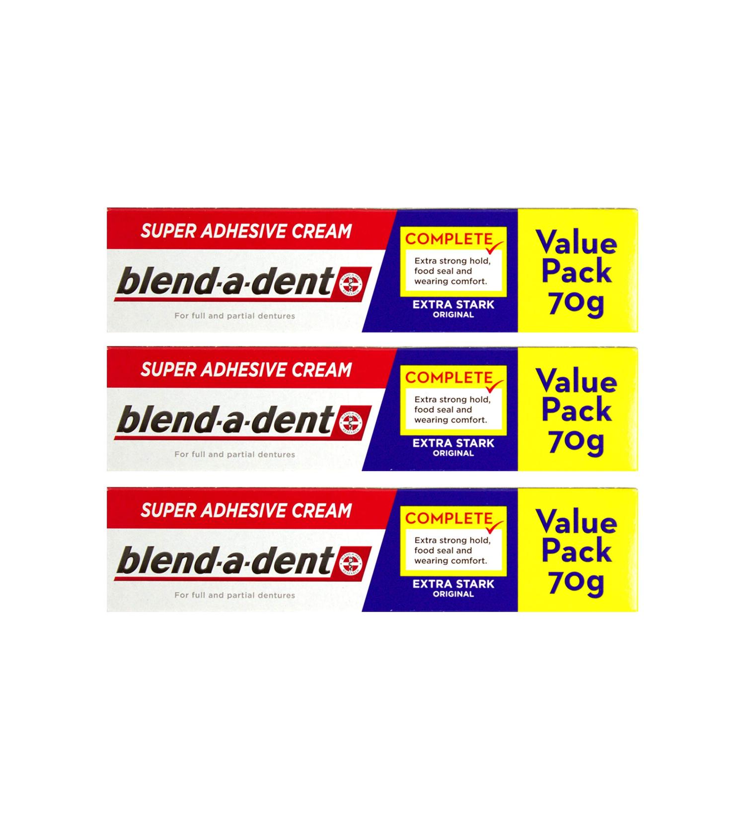 3x Blend-a-dent Super Adhesive Cream Extra Strong Original 70g Value Pack
