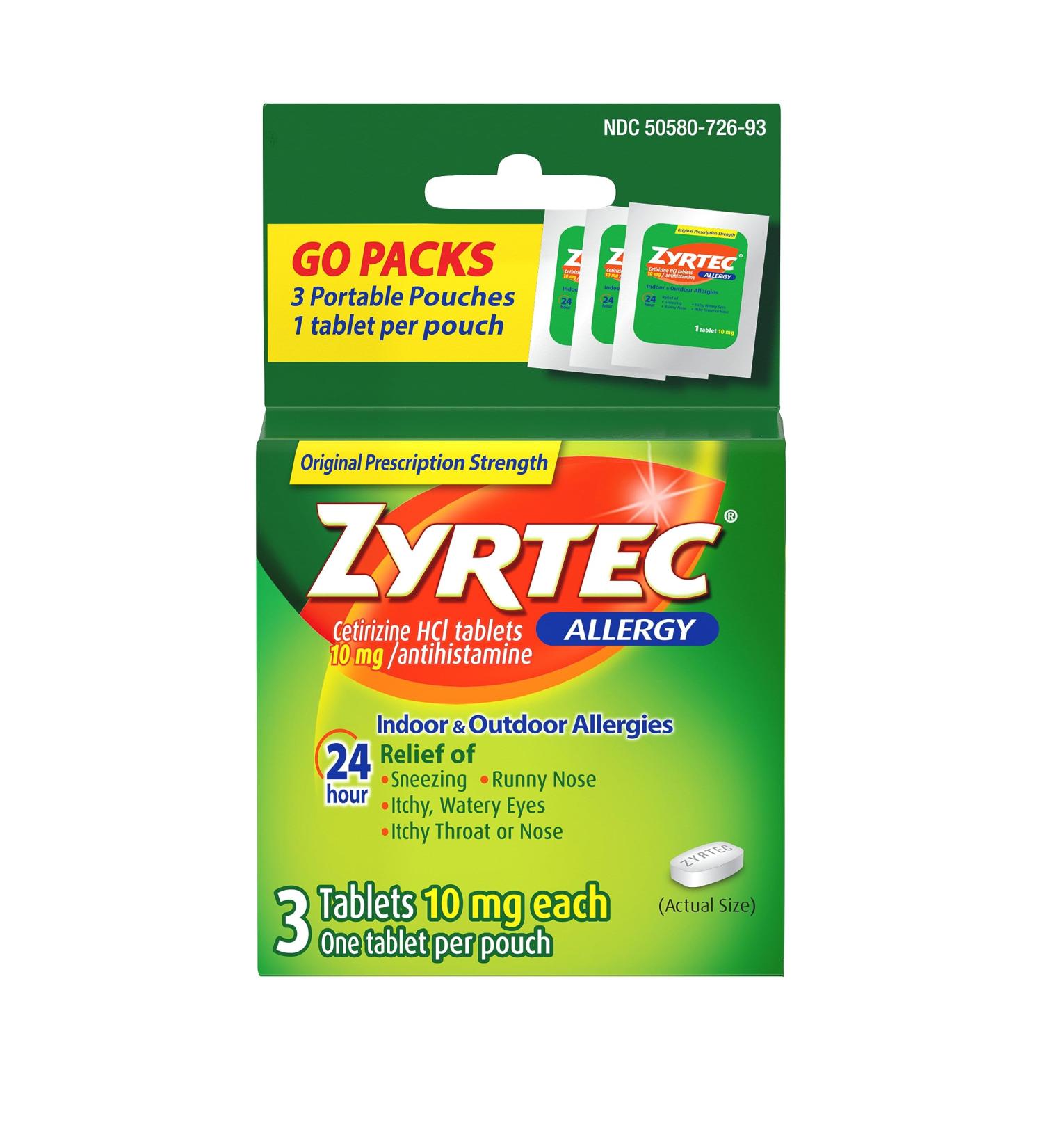 Zyrtec 24-Hour Allergy Relief Tablets 10mg - Travel Size 3 ct - Buy Online on GoSupps.com