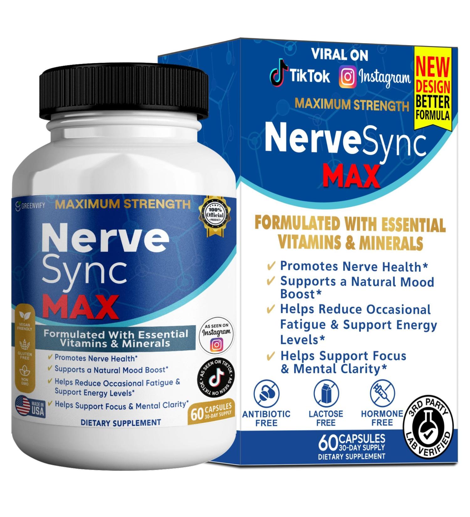 GREENVIFY Nerve Sync MAX Supplement 60 Capsules Vegan Friendly with Essential Vitamins & Minerals for Nerve Health. (1) - Buy Online on GoSupps.com