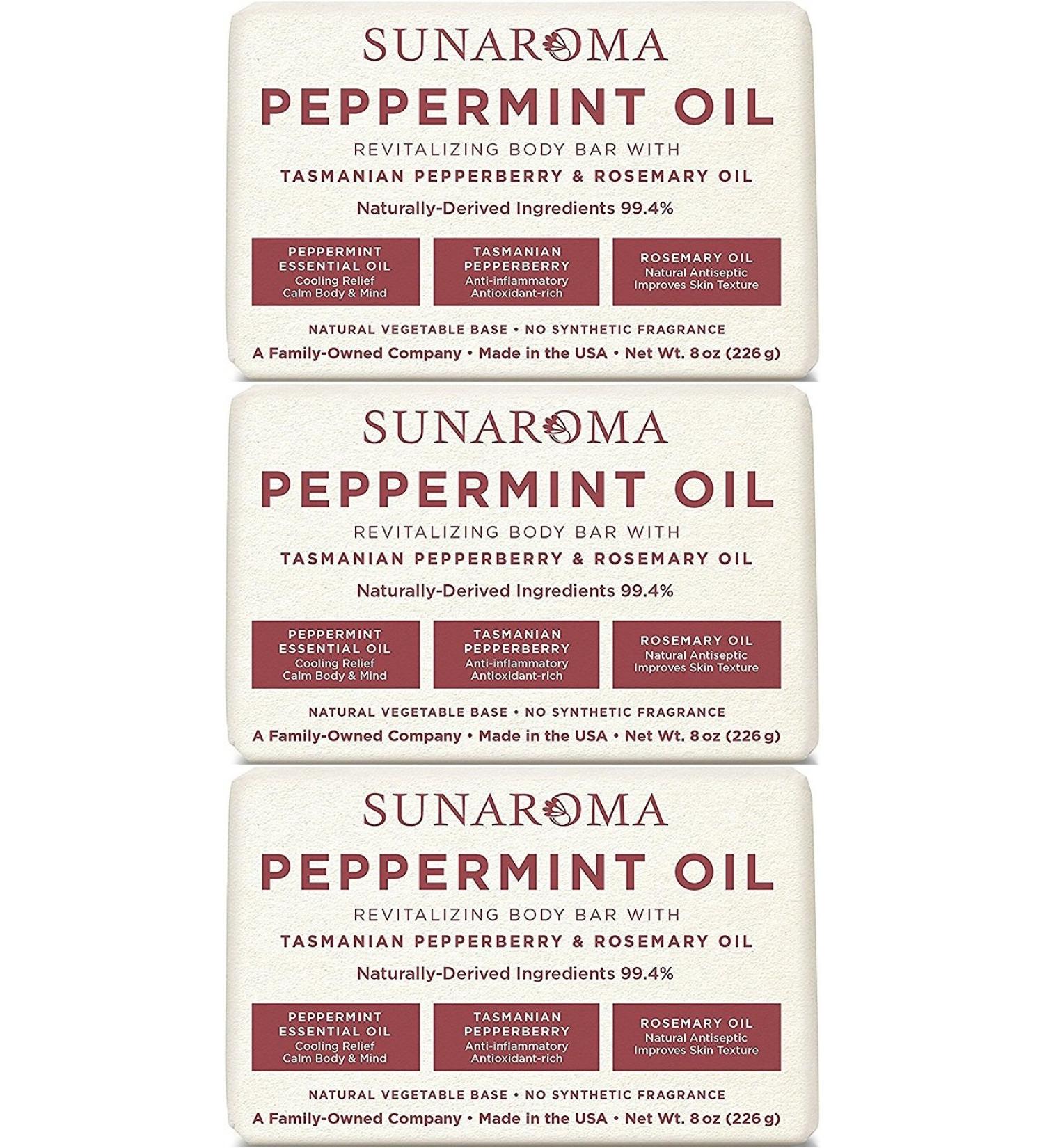 Sunaroma Peppermint Oil & Rosemary Body Bar Soap, 8 Ounce (Pack of 3)