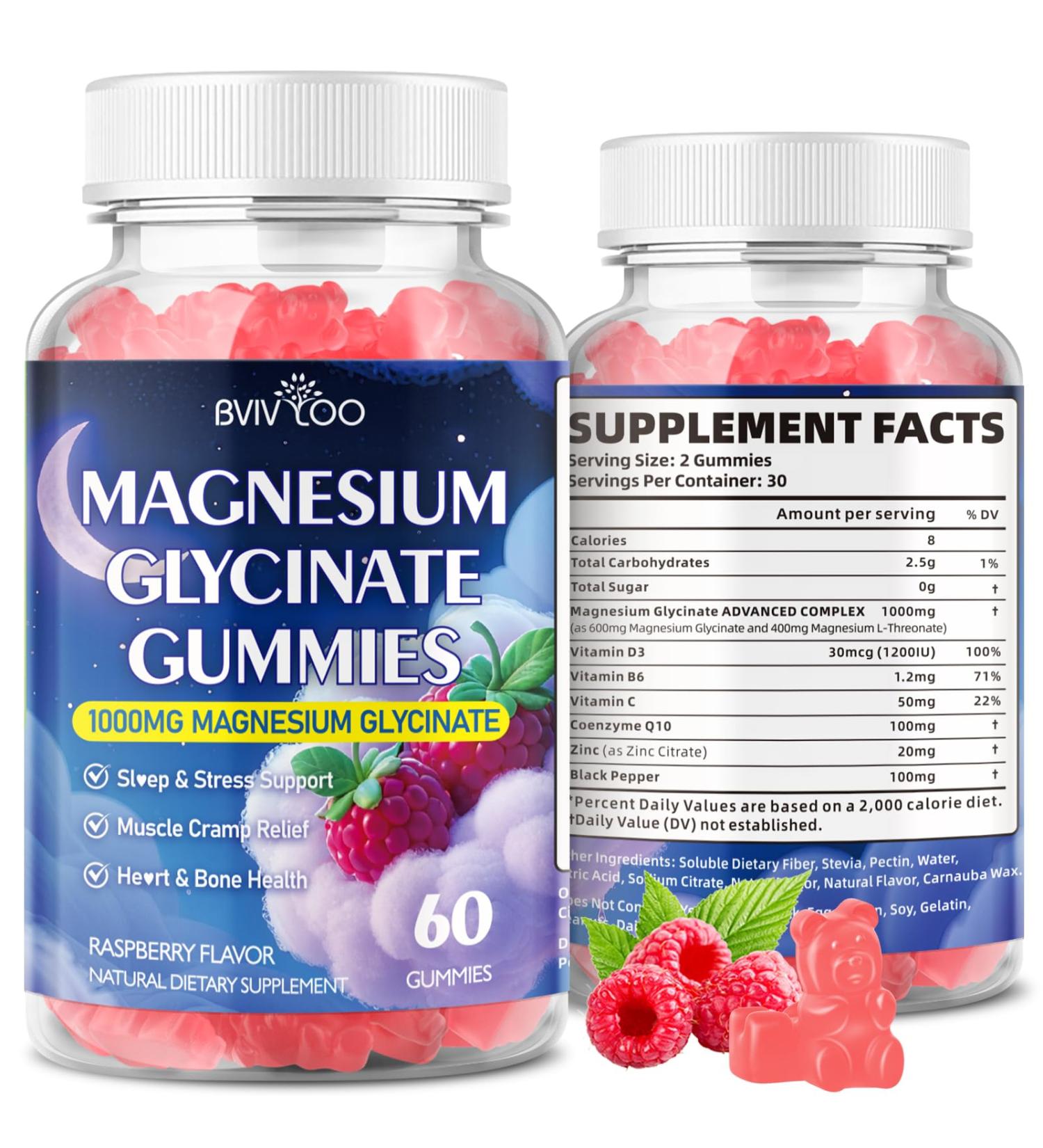 Magnesium Glycinate Gummies 1000mg with L-Threonate Vitamin D B6 & CoQ10 - Supports Memory Calm & Mood - Sugar-Free Raspberry Flavor - 60 Count 1pack - Buy Online on GoSupps.com