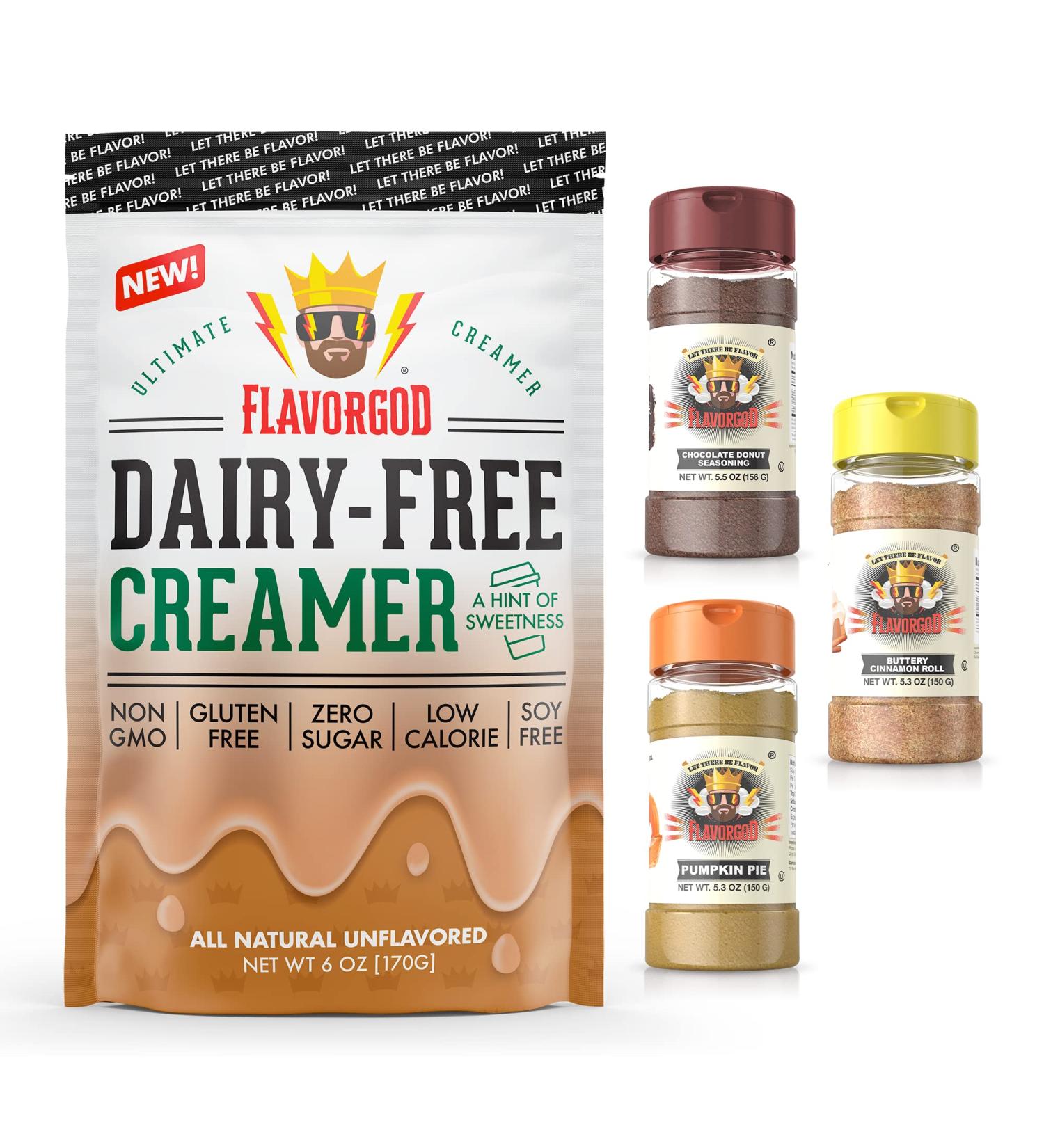 Coffee Lovers Combo Pack (Unflavored Dairy Free Creamer, Buttery Cinnamon Roll, Chocolate Donut, Pumpkin Pie), Pack of 4 - Flavor God Seasonings Coffee Lovers Pack