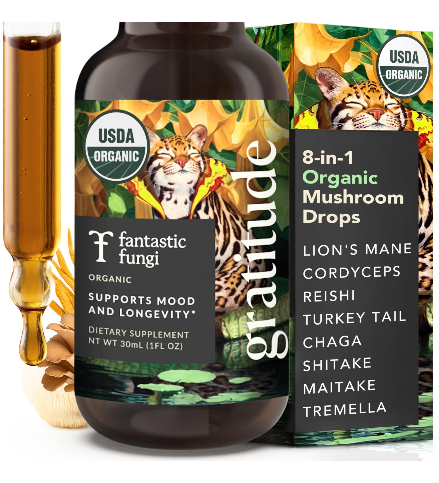 Fantastic Fungi Mushroom Extract - 8-in-1 Organic Complex Mushroom Supplement with Cordyceps Reishi Lion s Mane Chaga Turkey Tail Shiitake Maitake & Tremella - Adaptogen Liquid Tincture 1 fl oz Gratitude - Buy Online on GoSupps.com