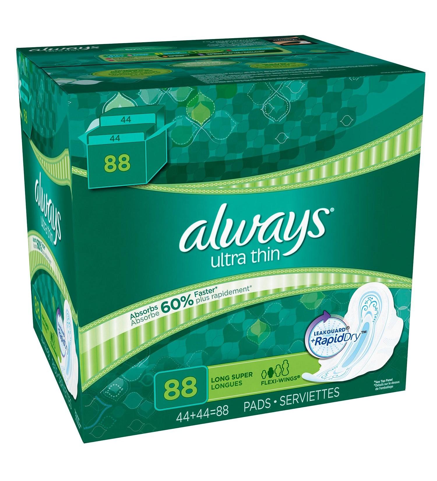 Always Ultra Thin Long Super Pads with Wings - 88 ct.