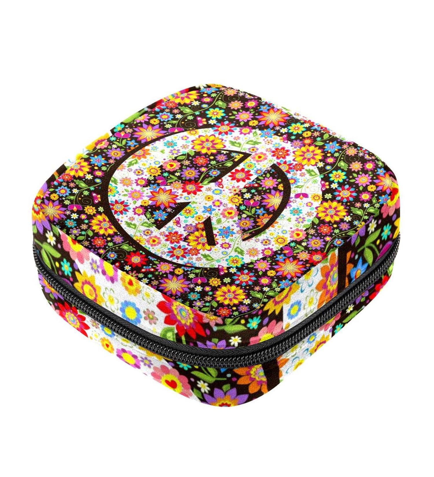 Stylish Menstruation Pad Bag with Zipper | Women's Tampon & Napkin Bag | Hippie Flowers & Peace Symbol Design - Buy Online on GoSupps.com