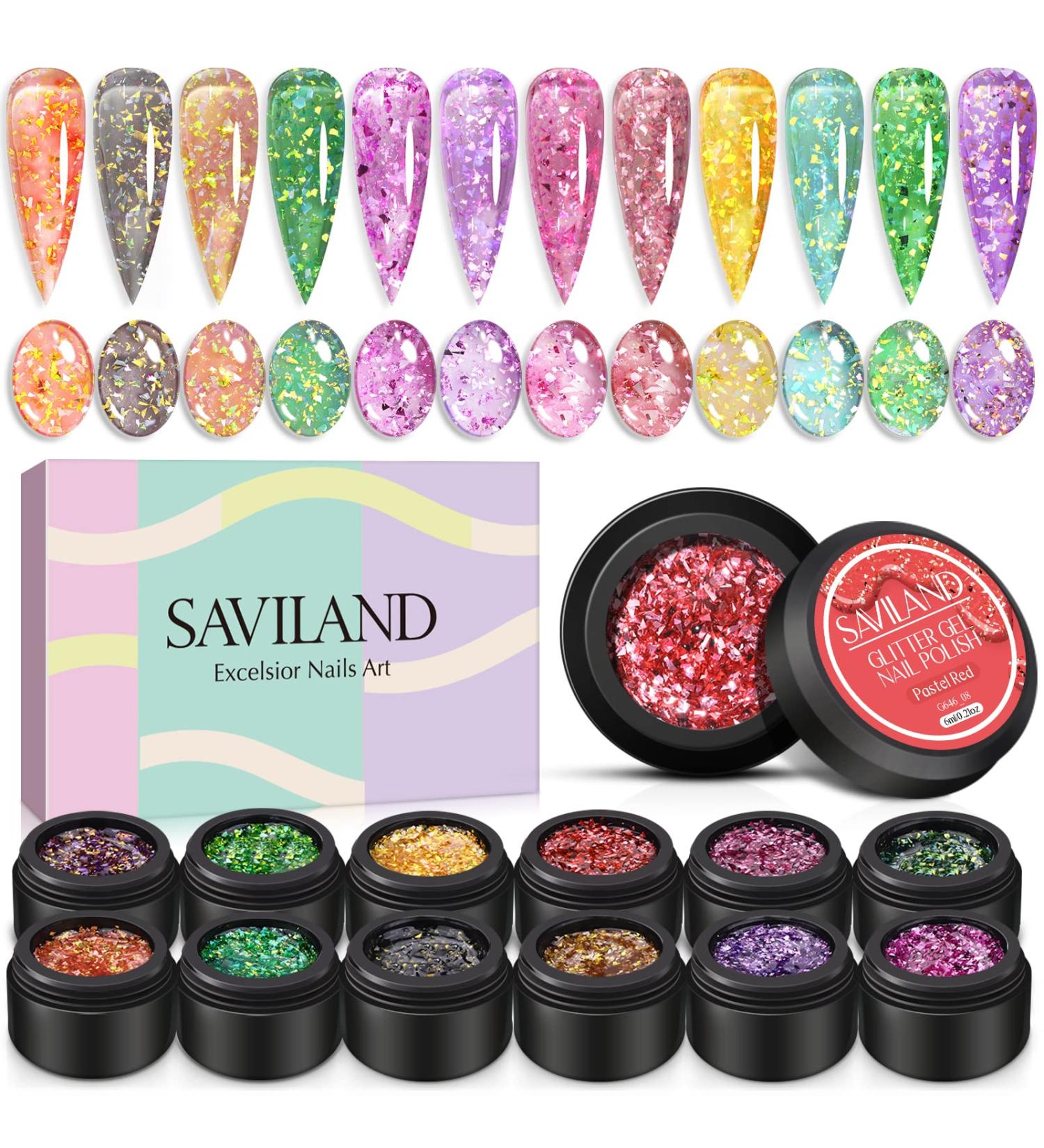 Saviland Platinum Glitter Gel Nail Polish Set - 12 Colors | Soak Off Nail Art for Home DIY & Professionals - 6ML - Buy Online on GoSupps.com