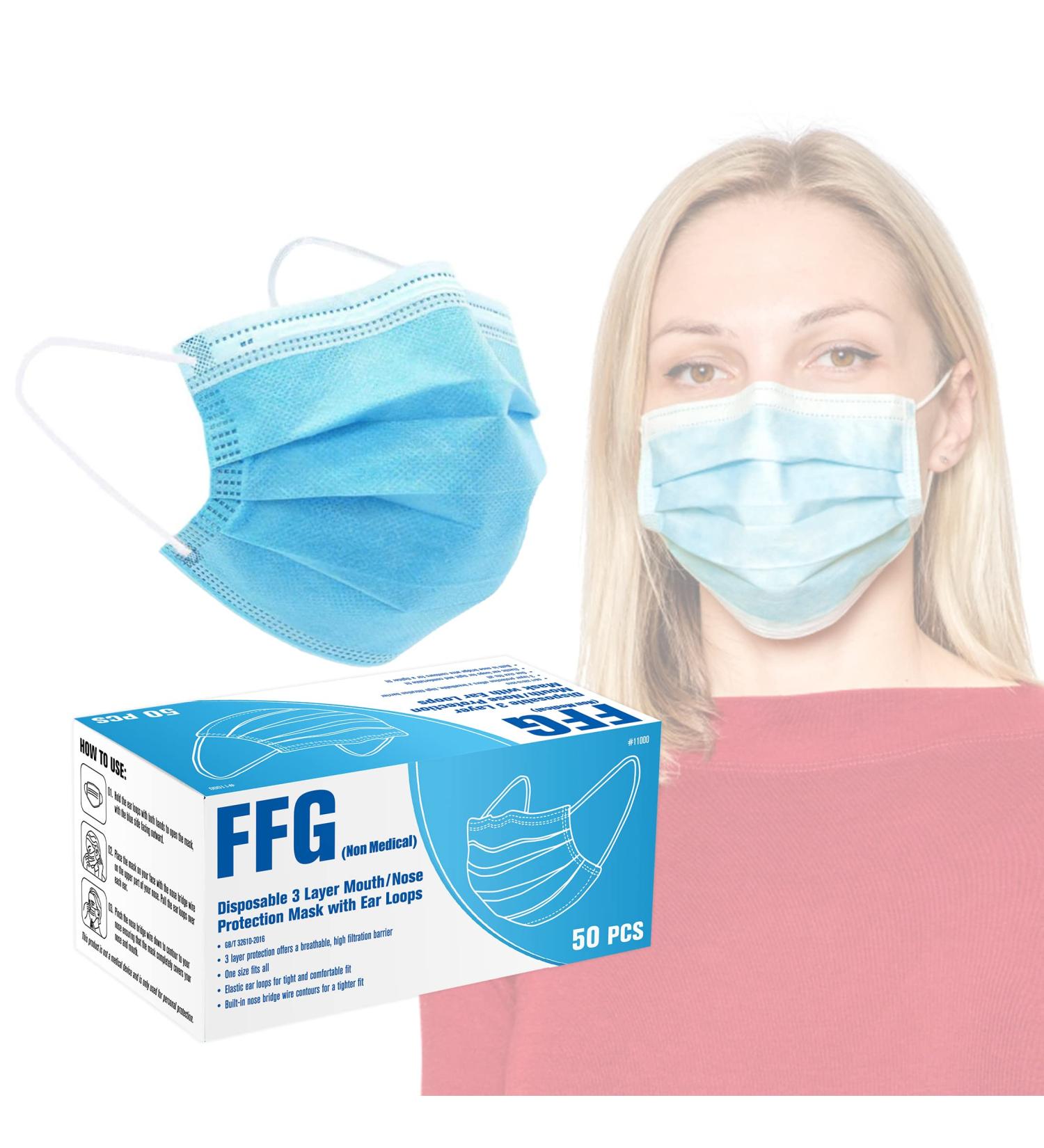 FFG Face Mask 50PCS Adult Disposable Masks 3-Layer Filter Protection Blue (#11000) - Buy Online on GoSupps.com