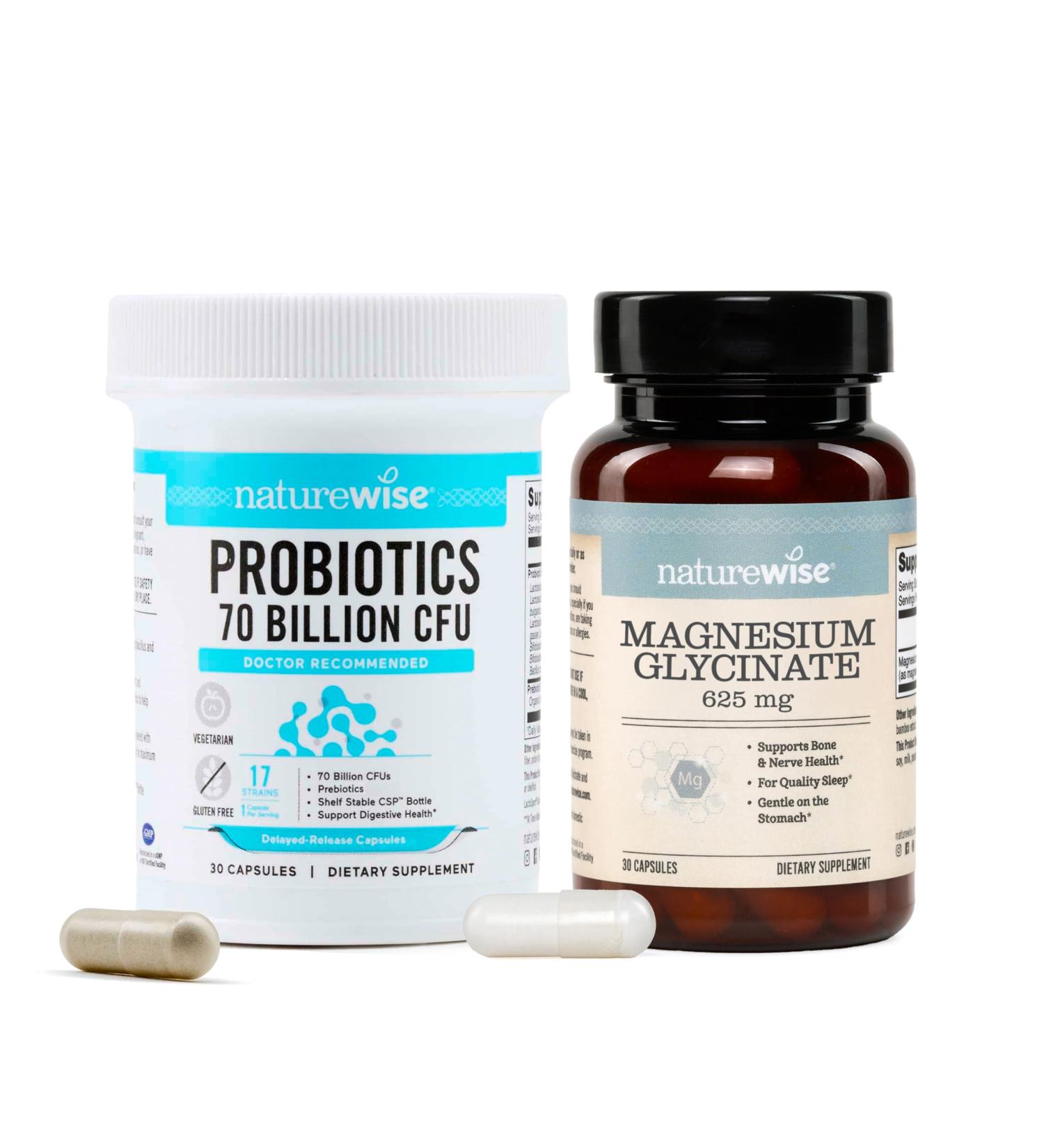 NatureWise 1 Probiotics 70 Billion CFU + Organic Prebiotics - 30 Capsules 1-Month Supply + 1 Magnesium Glycinate 625mg - Chelated Magnesium - 30 Capsules 30-Day Supply  - Buy Online on GoSupps.com