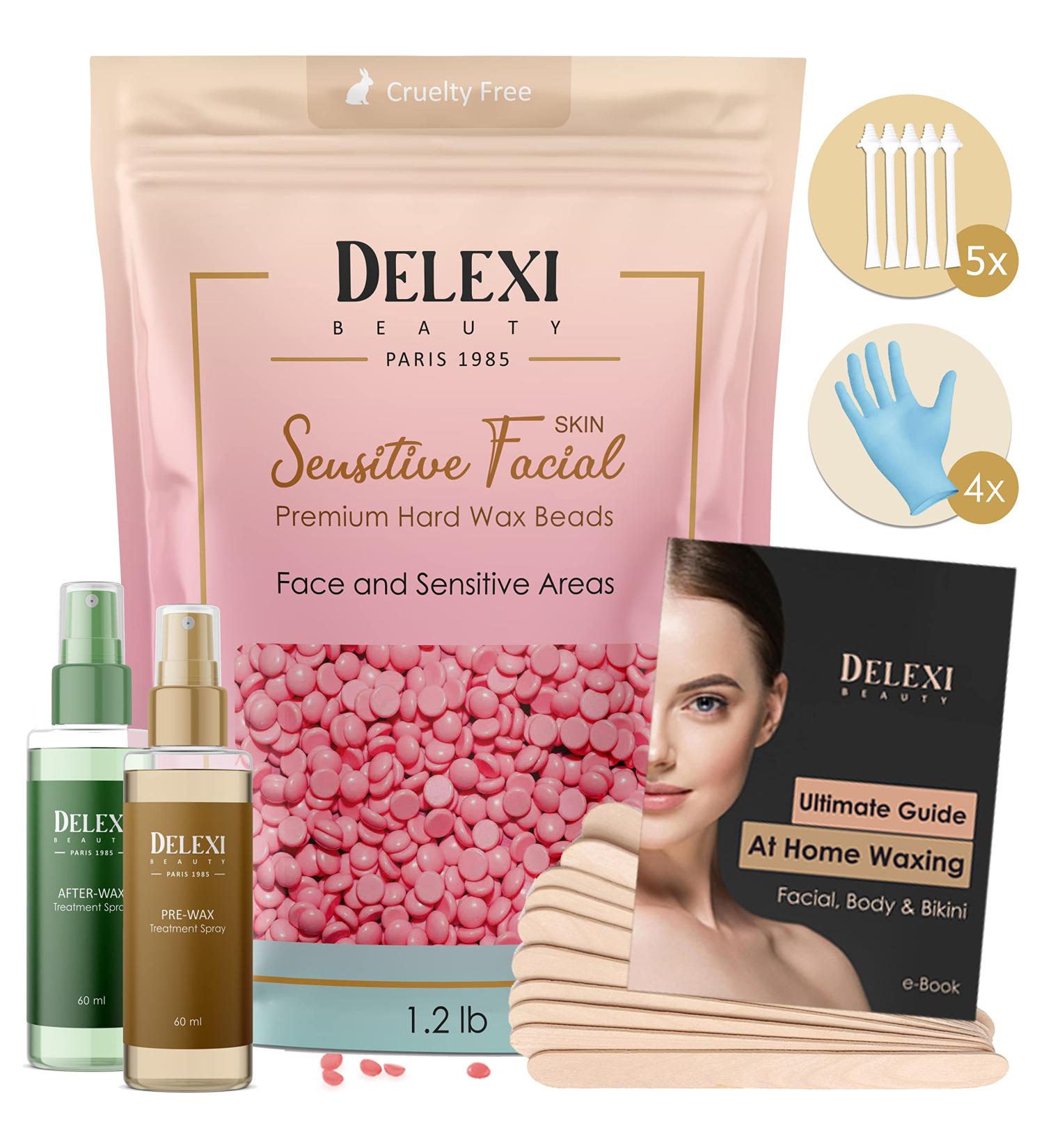 DELEXI Large 1.2lb Sensitive Skin Hard Wax Beads for Facial, Eyebrow, Bikini, Brazilian & Legs - Painless Wax for Coarse and Thin Body Hair - Buy Online on GoSupps.com