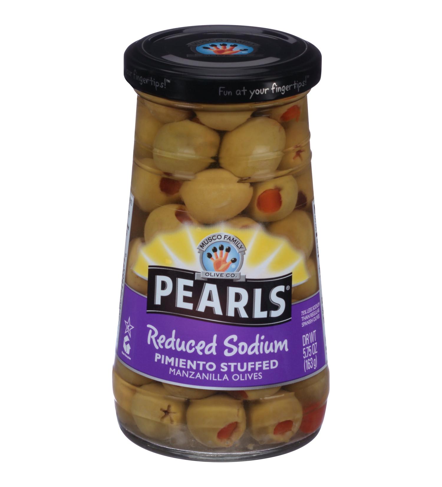 Pearls 5.75 oz. Reduced Salt Pimiento Stuffed Manzanilla Olives - Buy Online on GoSupps.com