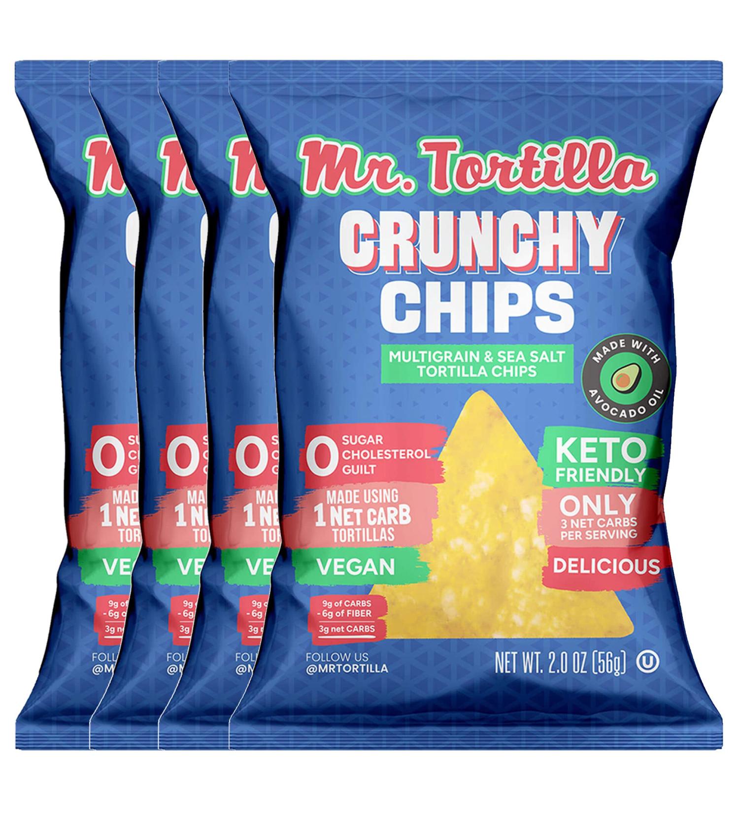 Mr. Tortilla Crunchy Chips - Keto-Friendly Vegan Snack Cooked in Avocado Oil - 3 Net Carbs - Kosher - 2oz Bags 4-Pack - Buy Online on GoSupps.com