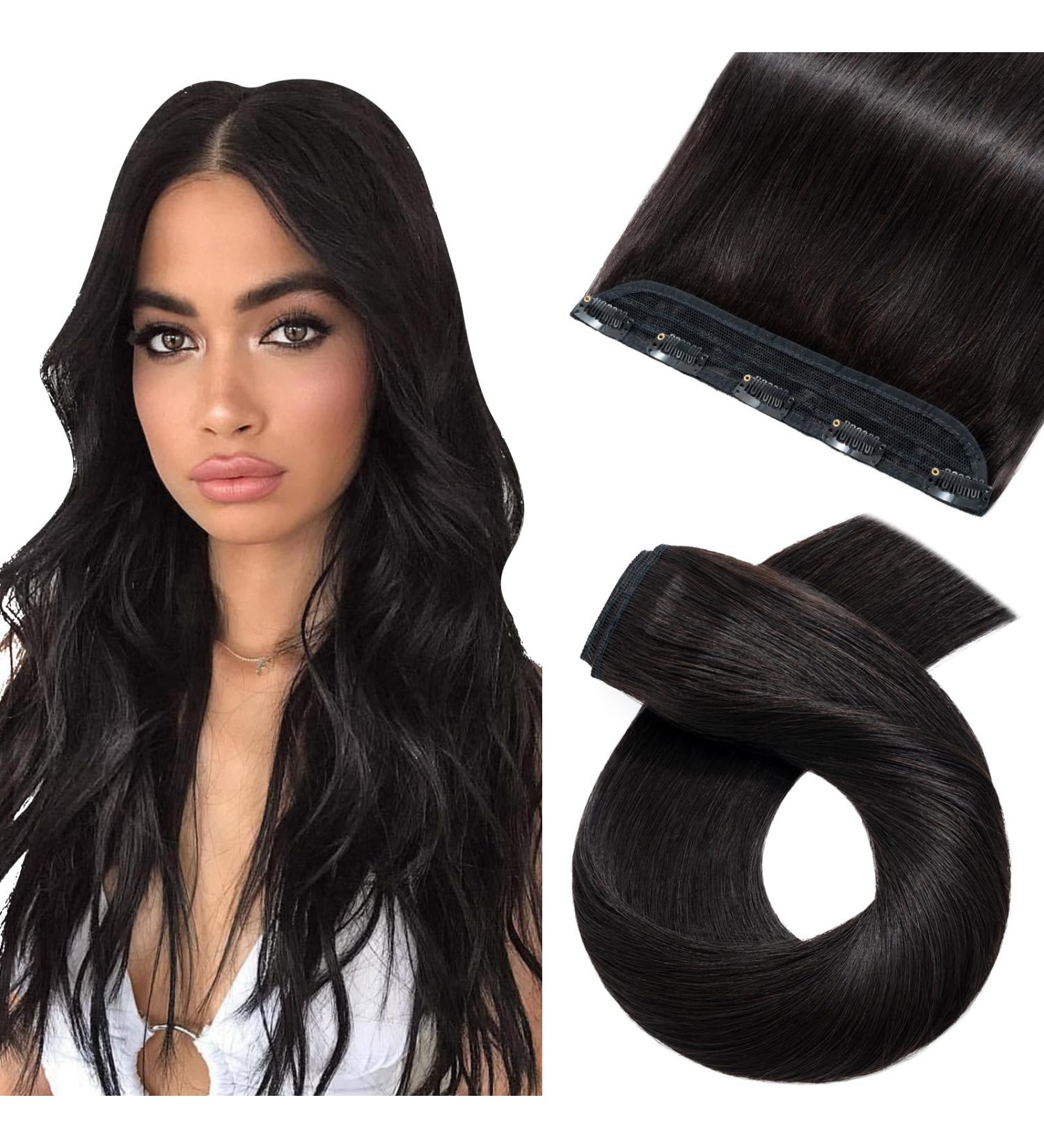 Shop Clip-In Real Hair Extensions - Thick 1 Piece with 5 Clips | 7A Remy Hair | 40cm 80g | Natural Black (1B) - Perfect for Instant Volume! - Buy Online on GoSupps.com