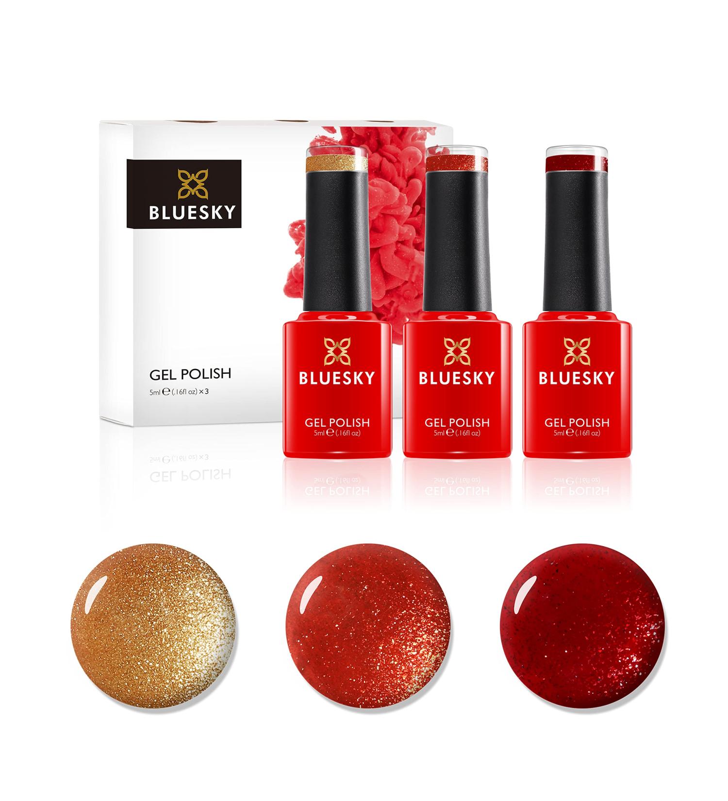 Bluesky Gel Nail Polishes Burnt Crystals Red Glimmer A001 Frosty Gold JQ09 Orange Flame SJ19 3 x 5ml Red Gold Orange (Requires Curing Under UV LED Lamp) Burnt Crystals 5 ml (Pack of 3)