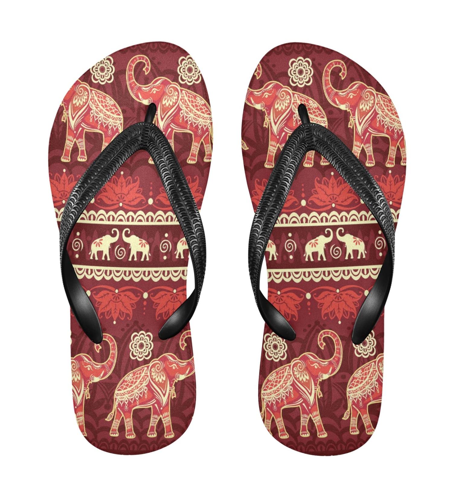 Mnsruu Mandala Flower Flip-Flops - Tribal Elephant Design Red Multi-Colored Footwear for Home Hotel Spa & Travel - Unisex for Men & Women - Buy Online on GoSupps.com