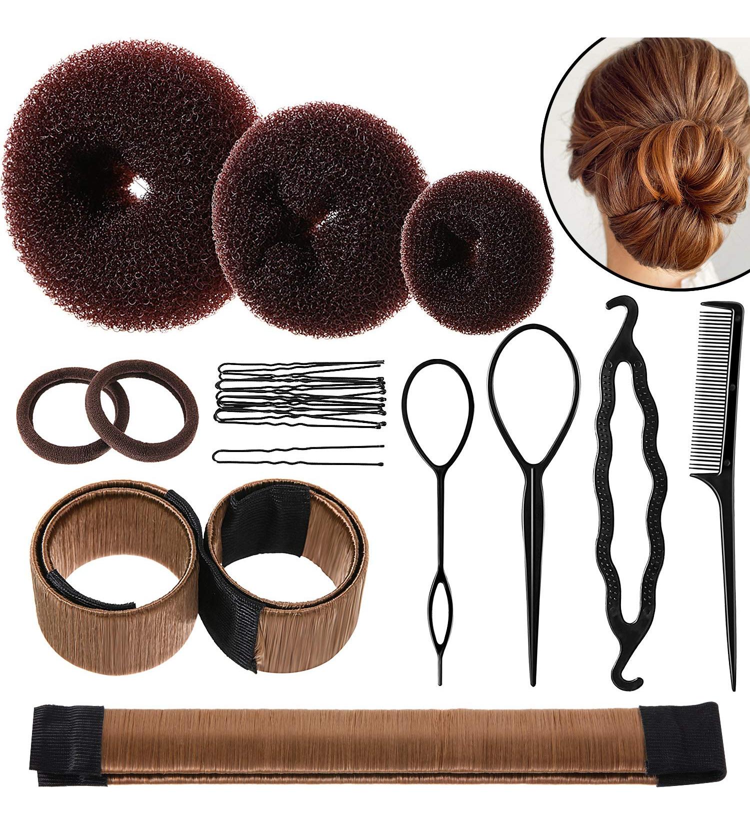 Hair Bun Shaper Set with Donut, Bun Marker, Ponytail Tools, Bobby Pins & Elastic Bands - Brown Bun Maker Kit for Women & Kids - Buy Online on GoSupps.com
