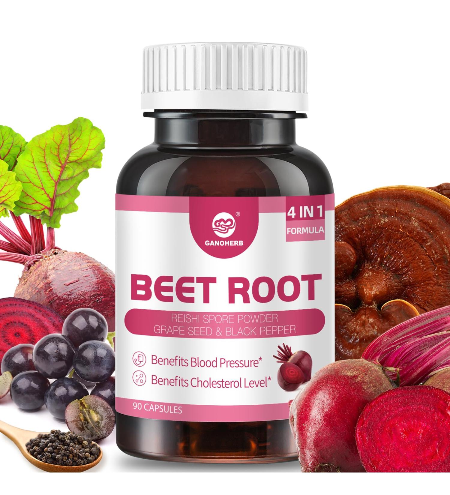 GANOHERB Beet Root Capsules with Grape Seed Extract Beetroot Supplement 4 in 1 with Reishi Mushroom Black Pepper to Support Circulation 90 Rapid Release Capsules - Buy Online on GoSupps.com