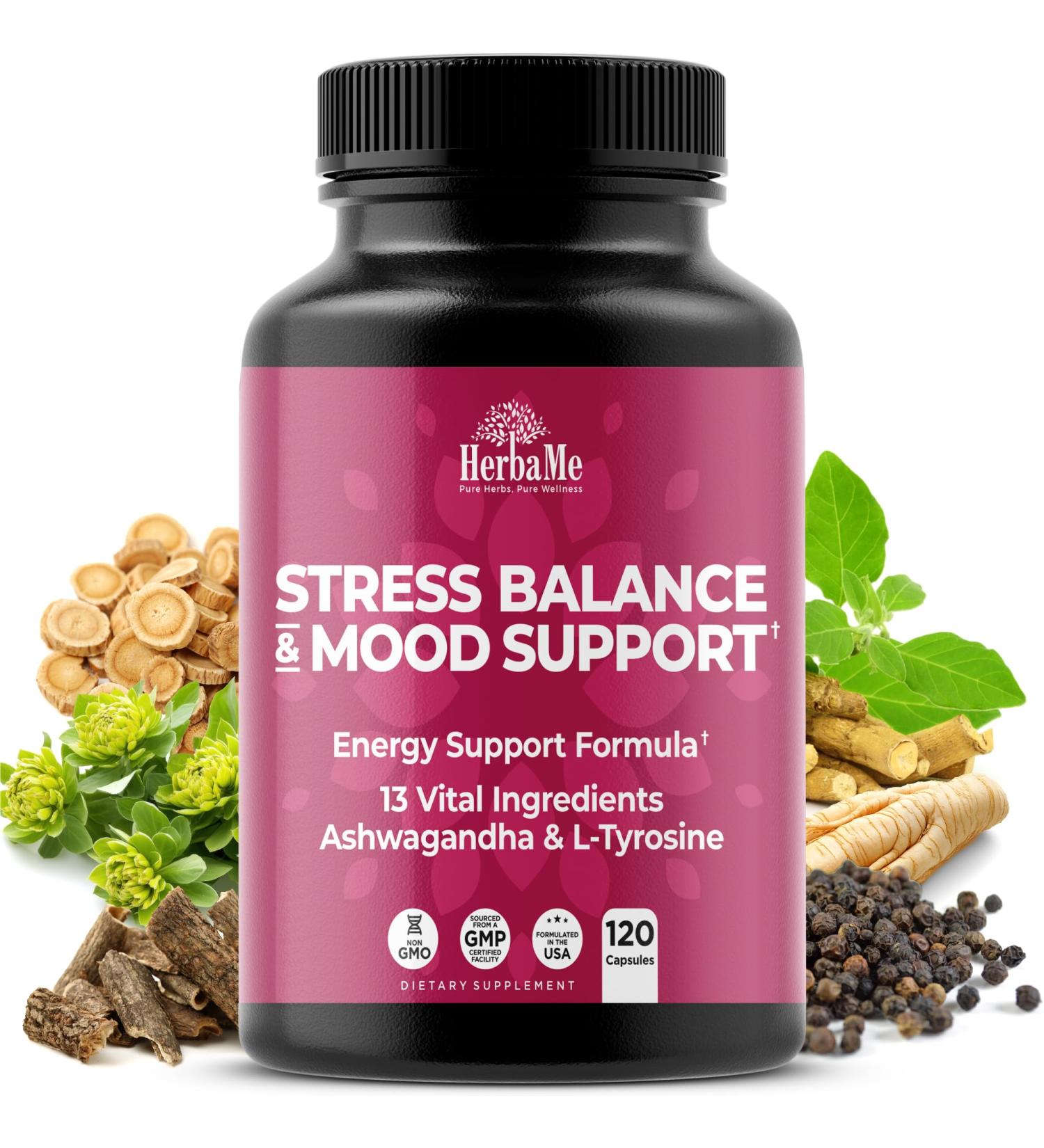 HerbaMe Cortisol Manager Supplement and Balance Mood with Ashwagandha & L-Tyrosine 120 Capsules Helps Maintain Healthy Energy Levels and Stress Relief Fatigue Reducer Pills - Buy Online on GoSupps.com