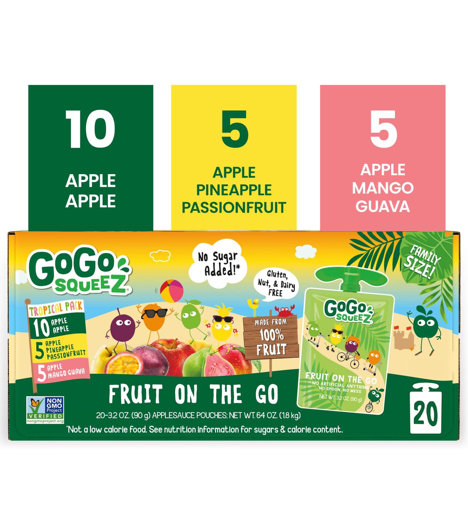GoGo squeeZ Fruit on the Go Kids Snacks Variety Pack  3.2 oz. (20 Pouches) - Apple Apple  Apple Pineapple Passion Fruit  Apple Mango Guava Flavors - Nut Free  Dairy Free  Gluten Free Snacks for Kids Tropical Variety Pack - Buy Online on GoSupps.com