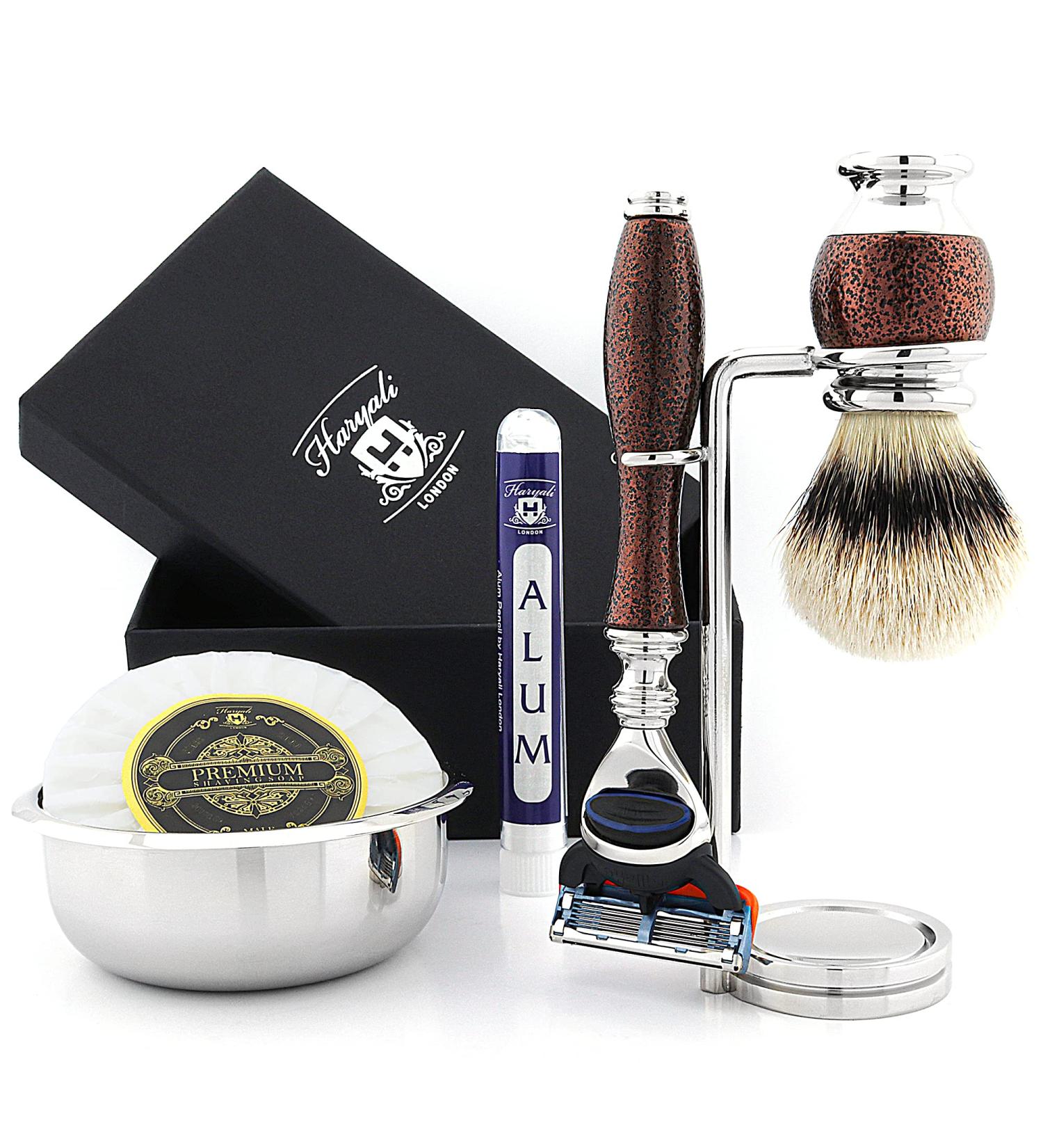 6 Pc Men's Shaving Kit - 5 Edge Razor Silver Tip Badger Brush Stand Soap & Bowl - Perfect Grooming Set for Men | International Shipping Available - Buy Online on GoSupps.com