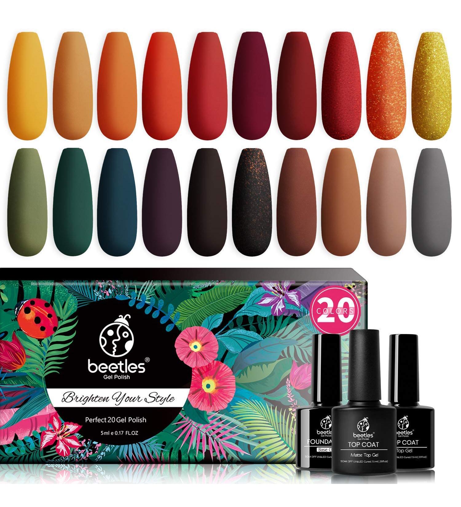 Beetles 20 Pcs Gel Nail Polish Kit - Cozy Campfire Collection | Fall Winter Orange Yellow Green Gel Nail Set | Soak Off, Nail Lamp, Base & Top Coat | Halloween Manicure Gifts for Women - Buy Online on GoSupps.com