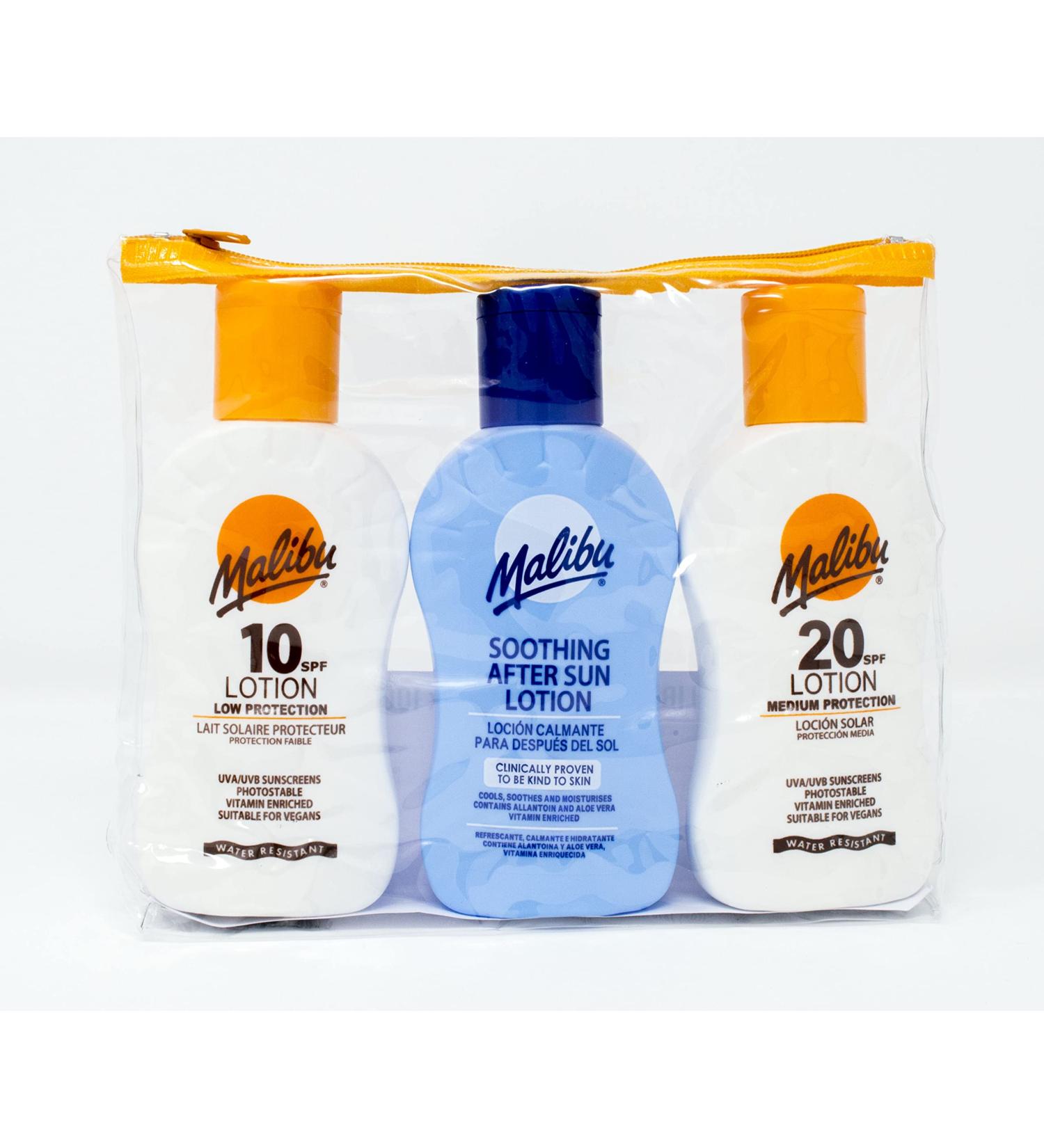 Malibu Sun Protection Travel Size Tanning Pack 1 x SPF 20 1 x SPF 10 Sun Tan Lotion & 1 x After Sun Aloe Vera Lotion Kit - Buy Online on GoSupps.com