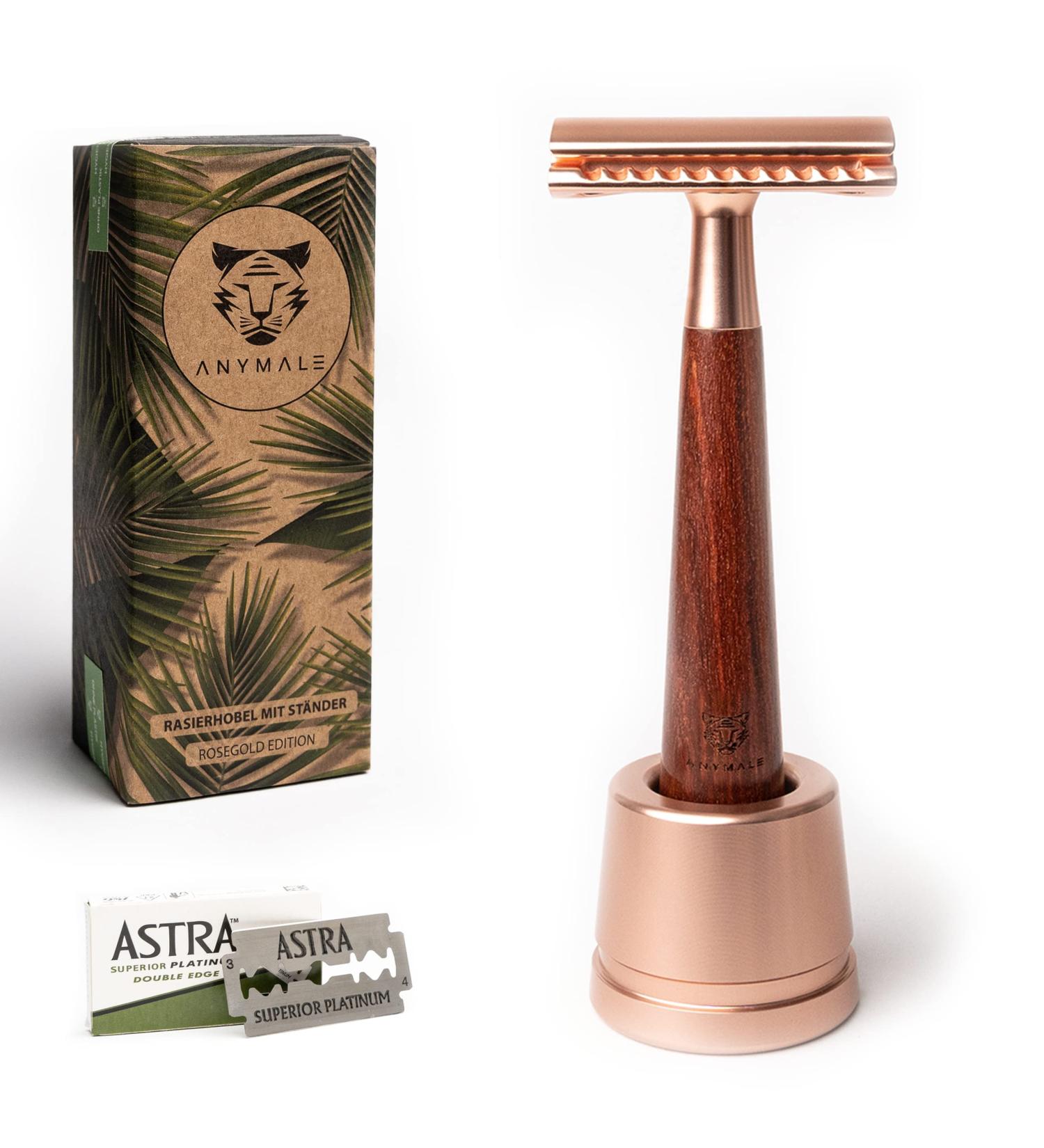 ANYMALE Safety Razor with Wooden Handle & 5 ASTRA Blades - Rose Gold Set for Men & Women | International Shipping - Buy Online on GoSupps.com