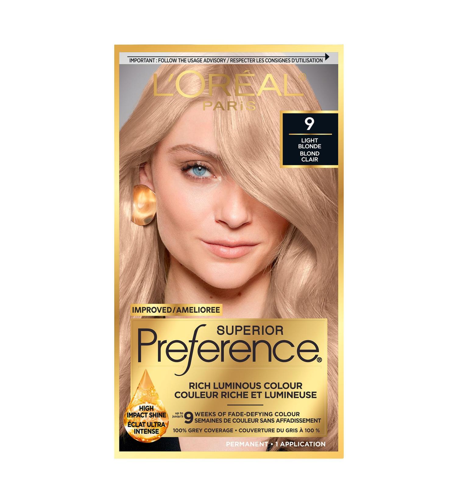L Or al Paris Superior Preference 9 weeks of Luminous Fade-Defying Permanent Hair Dye 9 Light Blonde 100% Grey Coverage 1 Hair Dye Kit (Packaging May Vary) Light Blonde 1 Count ( Pack Of 1 ) - Buy Online on GoSupps.com