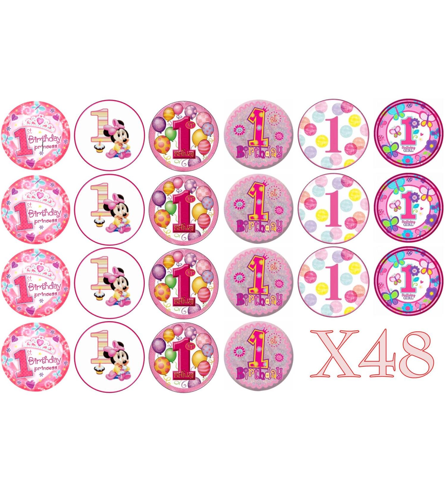 48 x 1st Birthday Baby Girl Cake topper edible wafer paper (Not Precut)
