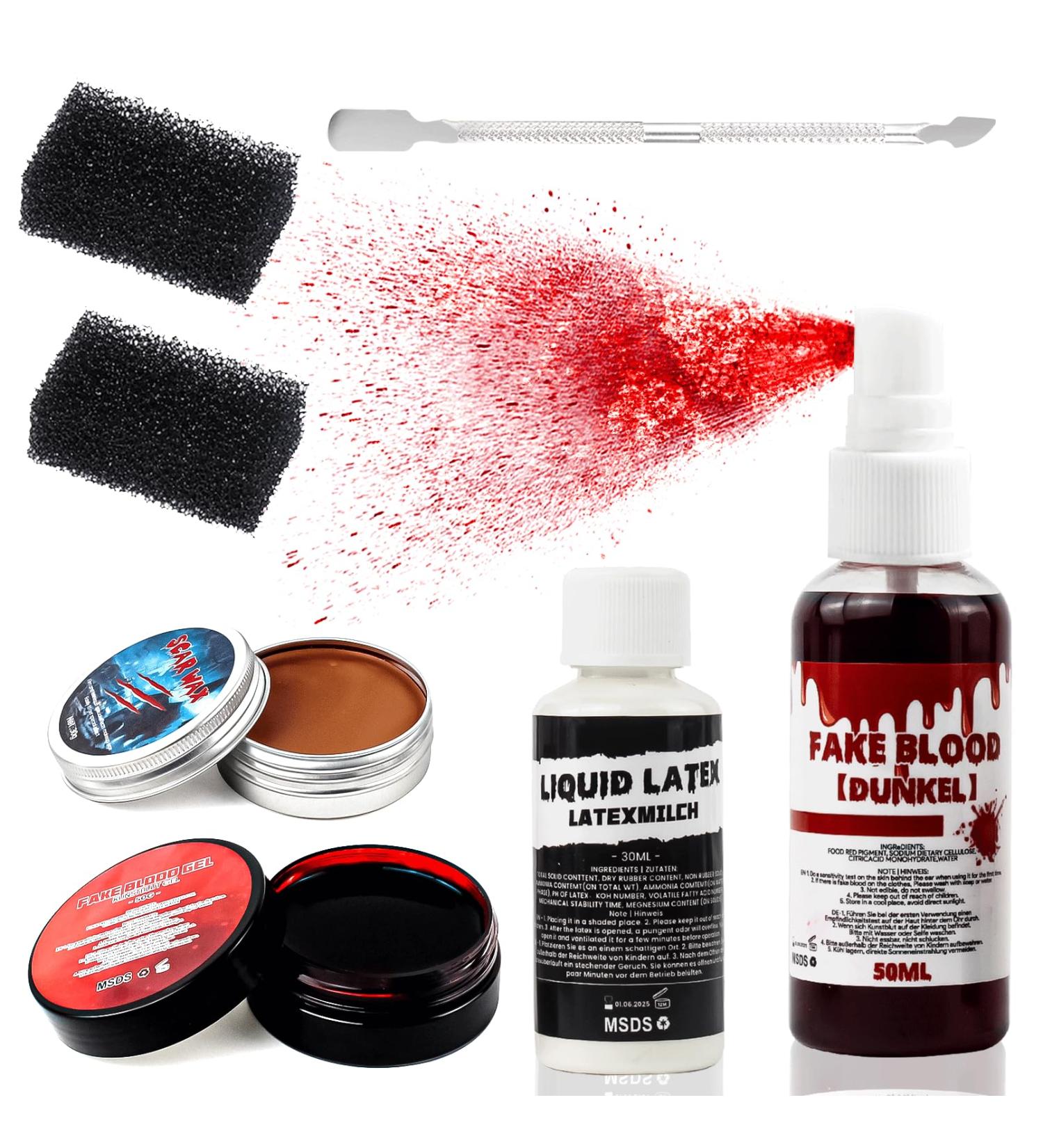 VOLLUCK Halloween Makeup Kit - 7-Piece Set with Washable Fake Blood Liquid Latex Scar Wax Spatula Tool & Stipple Sponges - International Shipping Available - Buy Online on GoSupps.com