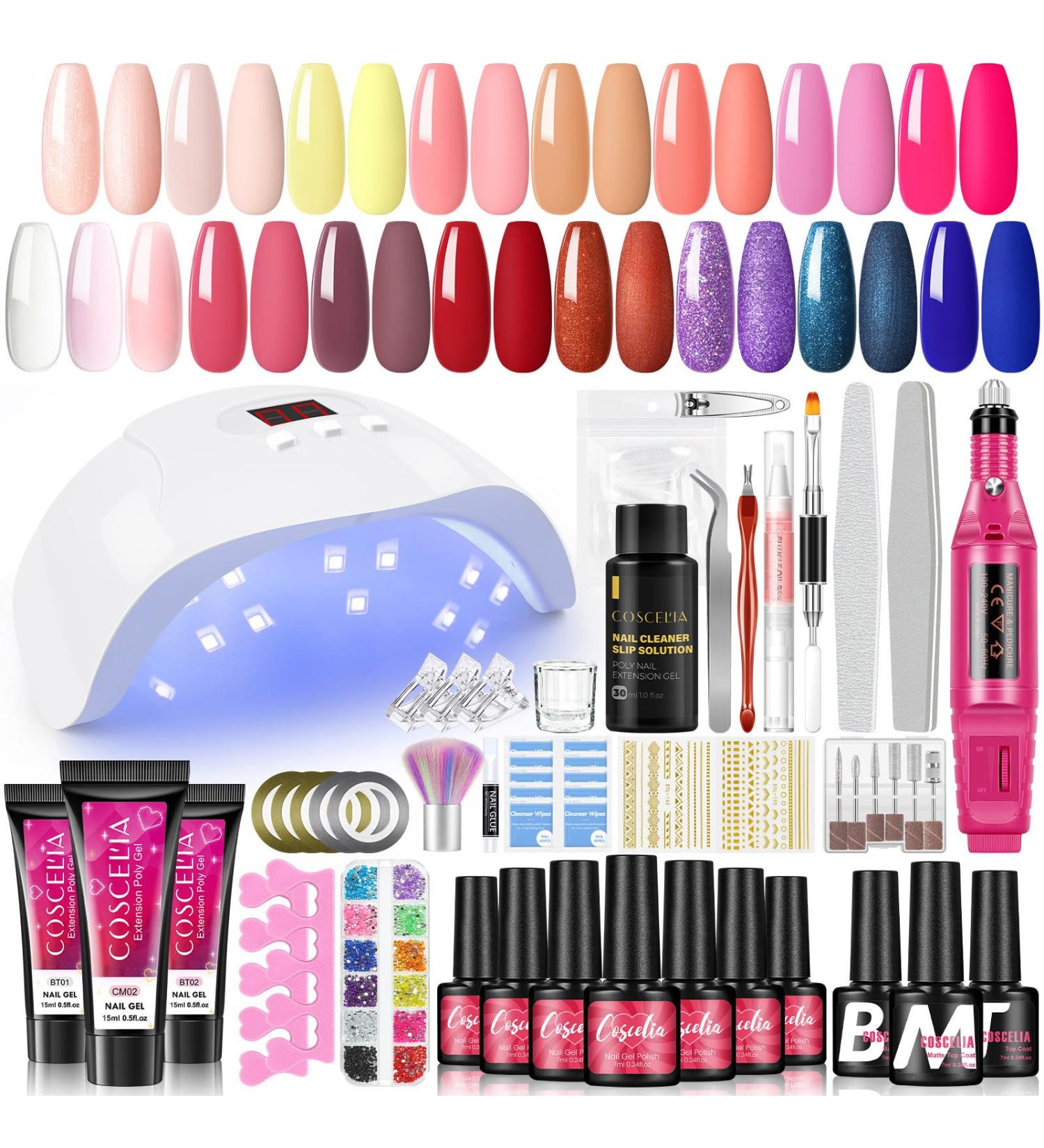 Gel Nail Polish Kit with U V Light Starter Kit 15pc Gel Polish 3pc Poly Nail Gel Kit with Drill Matte Glossy Top Coat Nail Art Sticker Poly Extension Gel Kit Complete Gel Manicure Kit Gift for Women - Buy Online on GoSupps.com