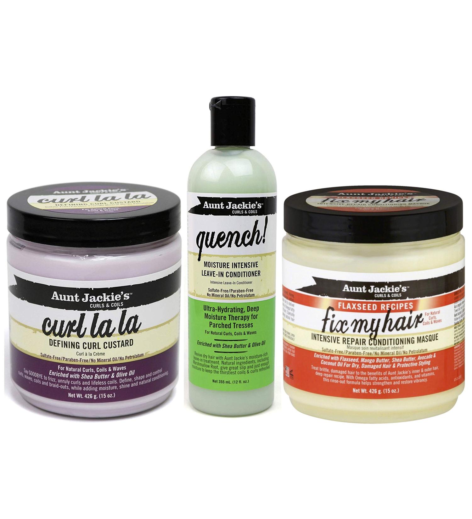 Aunt Jackie s Curls & Coils |3 Set |Definent curl cream "Curl la la" 426 g |Leave-in-flushing "Quench" for intensive moisture 355 ml |Nursing hair mask for intensive repairs 426 g