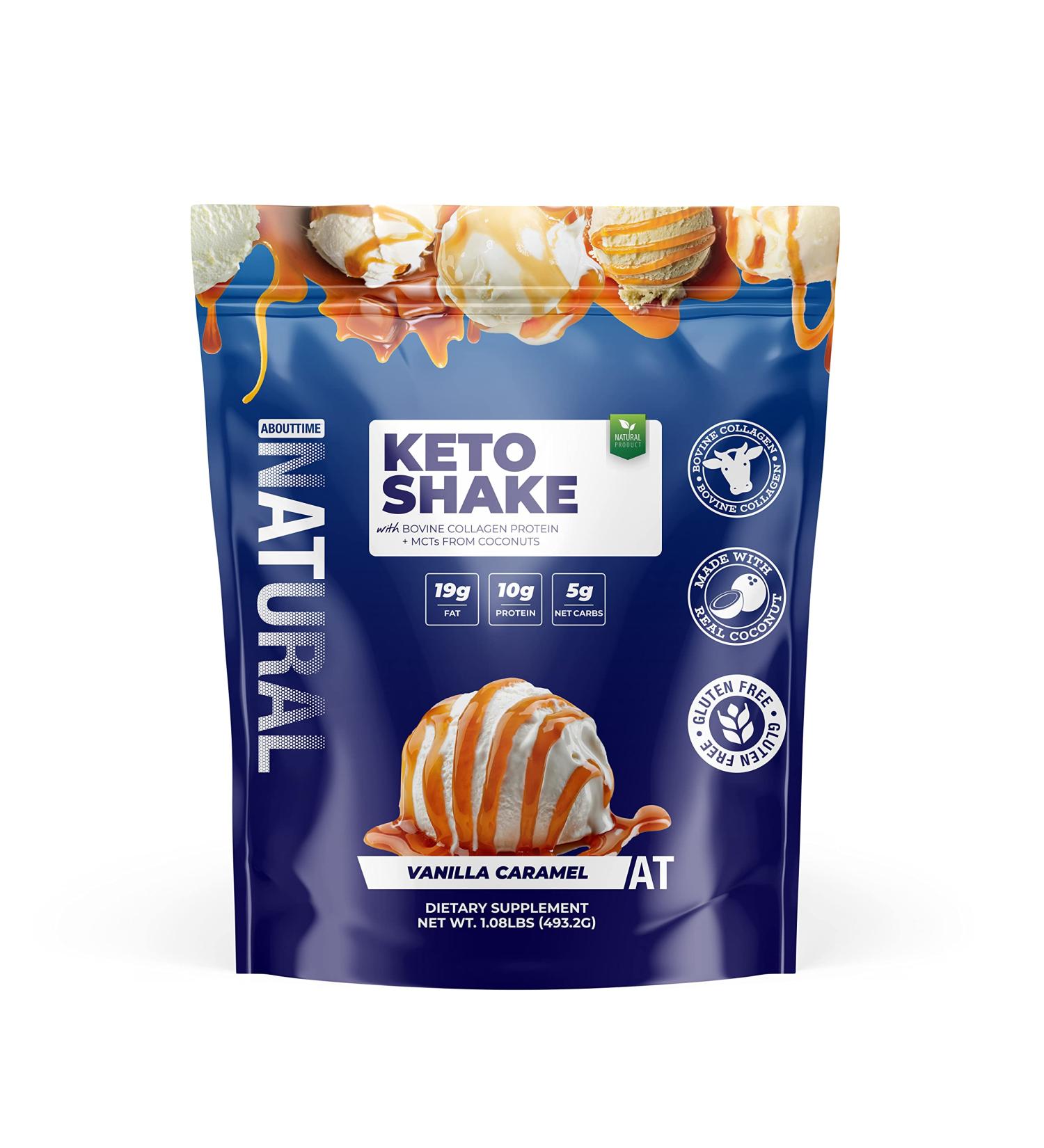 About Time Keto Shake with Bovine Collagen Protein + MCTs from Coconuts - 19g Fat 10g Protein 5g Net Carbs - Vanilla Caramel 1lb - Buy Online on GoSupps.com