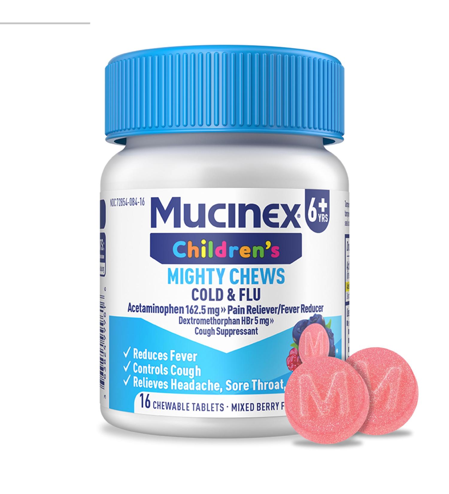 Mucinex Children's Mighty Chews Cold and Flu Medicine Easy to Dose Children's Acetaminophen & Dextromethorphan Kids Cough Medicine Ages 6+ Mixed Berry Flavor 16 Medicated Chewable Tablets Day 16 Count (Pack of 1) - Buy Online on GoSupps.com