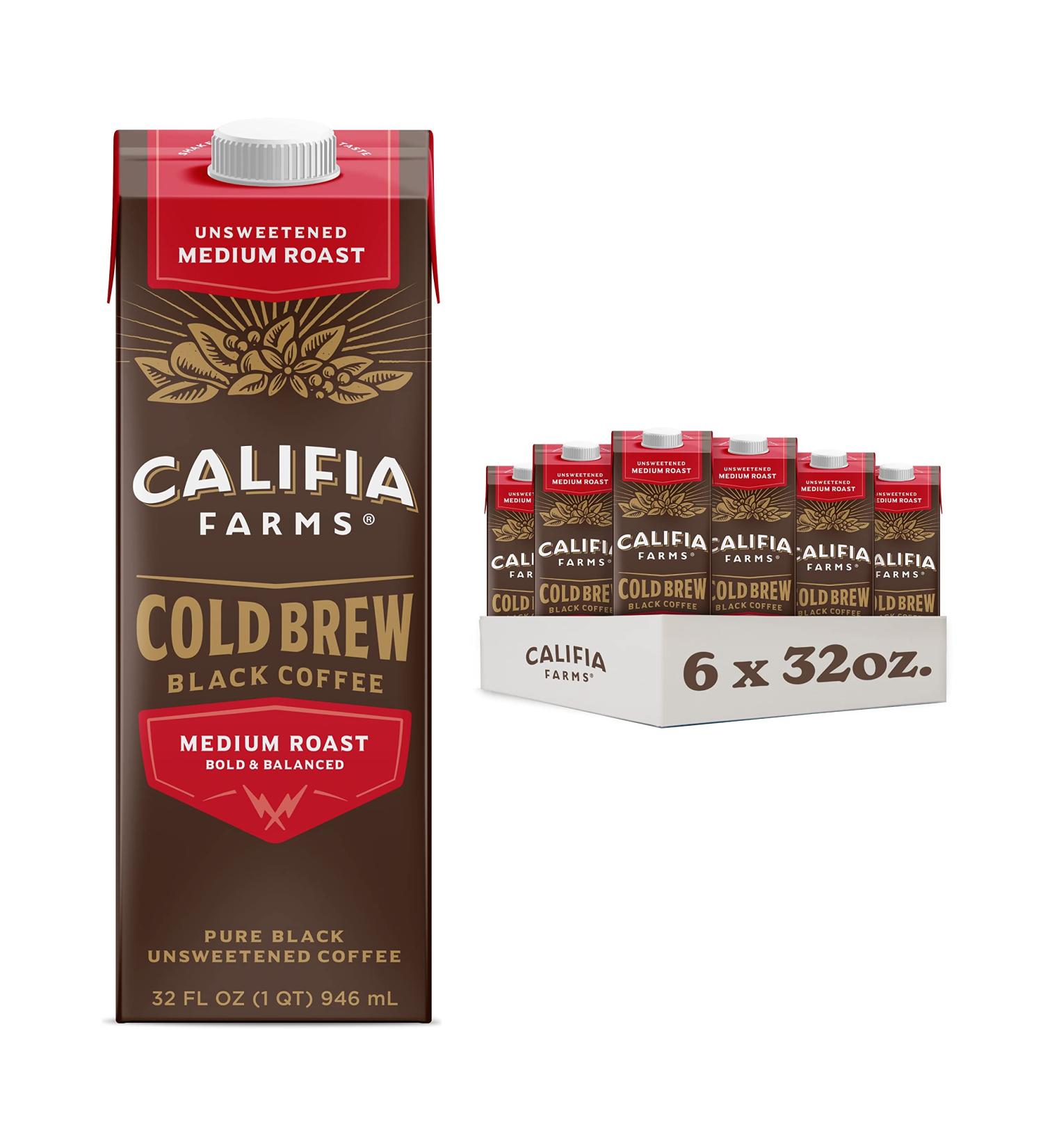 Califia Farms Pure Black Medium Roast Cold Brew Coffee - 32 Oz (Pack of 6) | Plant-Based, Vegan, Gluten-Free, Non-GMO, Sugar-Free - Buy Online on GoSupps.com