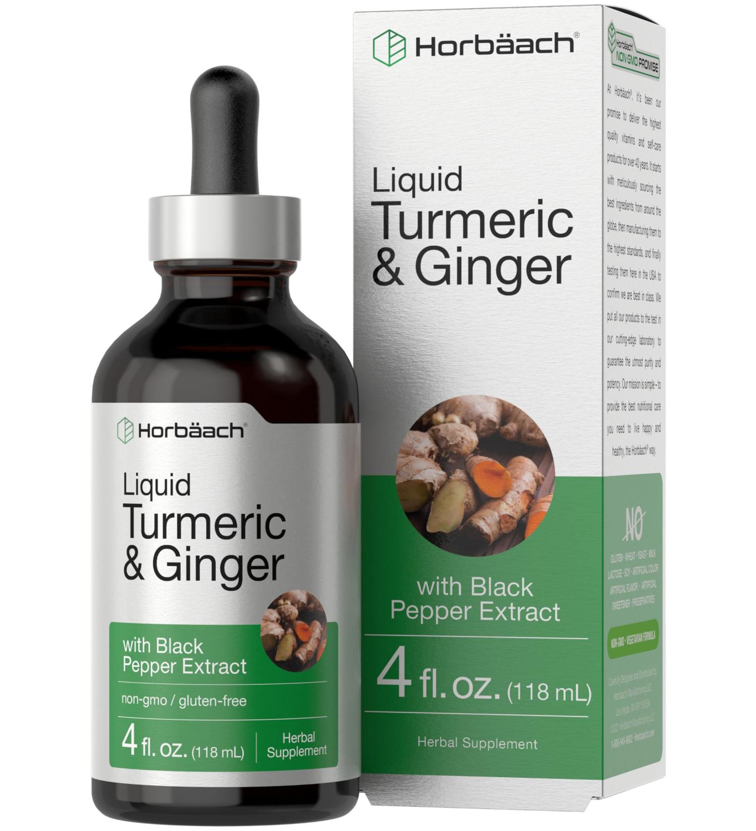 Horbaach Turmeric and Ginger Supplement Drops | 4 fl oz | with Black Pepper Extract | Herbal Liquid Tincture | Vegan Non-GMO & Gluten Free - Buy Online on GoSupps.com