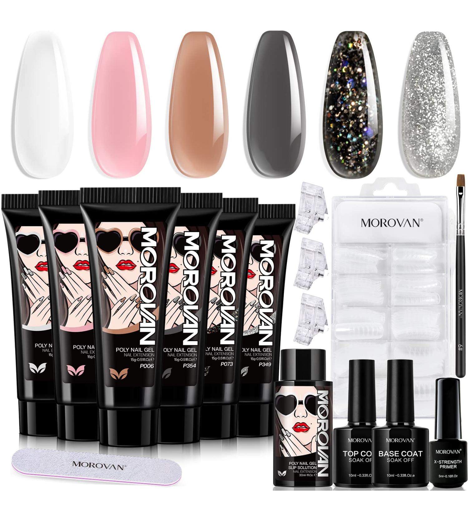 Morovan Poly Gel Nail Kit - 6 Colors Poly Extension Set with Top and Base Coat | French Nail Art Equipment for Starter and Professional Builder - Buy Online on GoSupps.com