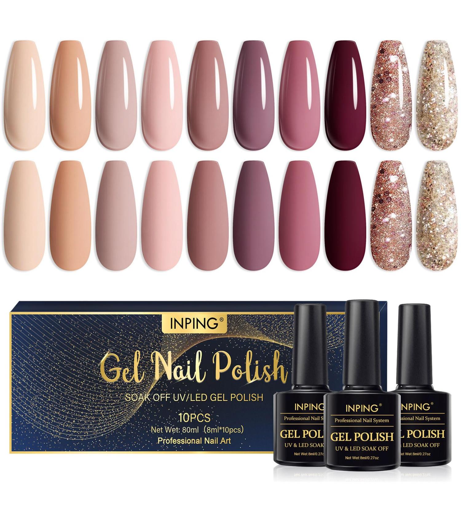 INPING Gel Polish Nude 10 Colors Set | UV Nail Polish for French Manicure | Natural Nude, Pink, Beige, Brown, Red, Gold Glitter | Soak Off UV/LED - Buy Online on GoSupps.com