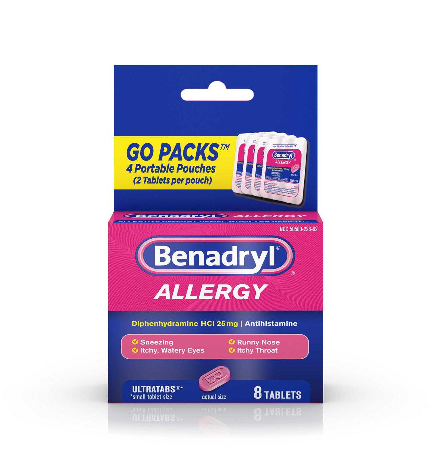 Benadryl Ultratabs Go Packs 8 Antihistamine Tablets - Diphenhydramine HCl - Travel Size Packets - Buy Online on GoSupps.com