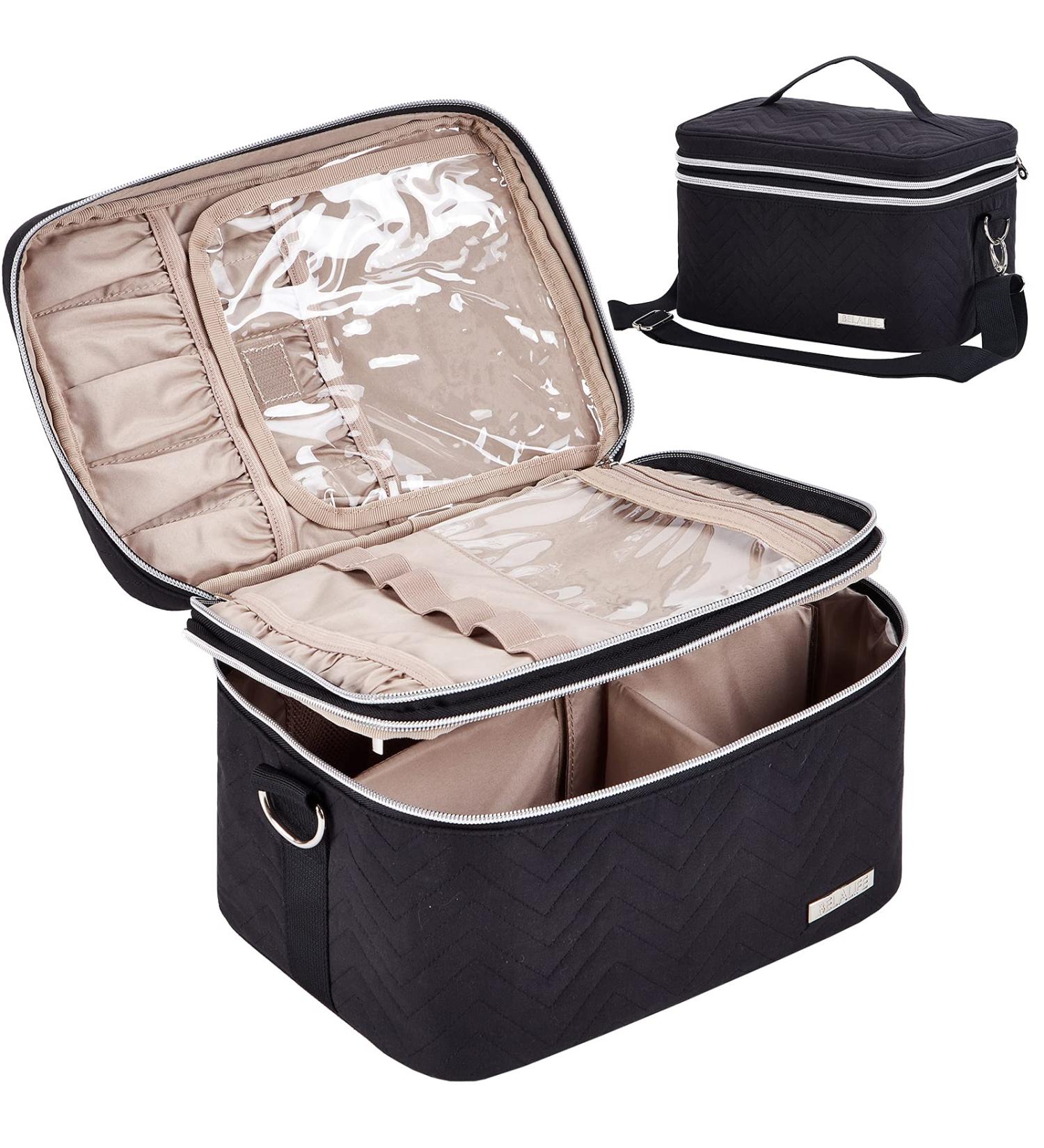 BELALIFE Double Layer Travel Makeup Bag - Portable Cosmetic Organizer for Brushes Sets - Large Toiletry Holder with Straps - Black - Buy Online on GoSupps.com