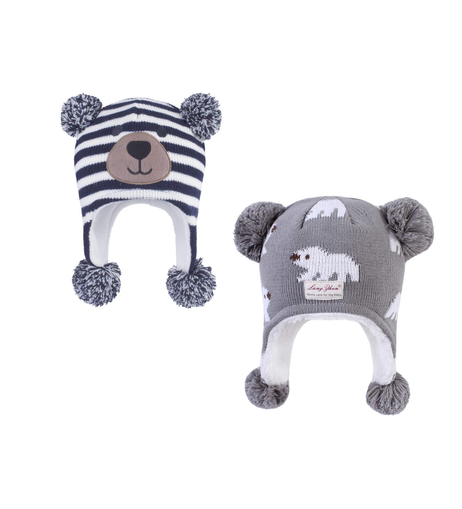 LANGZHEN Infant Winter Hat Earflap Knit Fleece Lined Beanie for Boys Girls 6-12 Months - Navy Stripe + Grey - Buy Online on GoSupps.com