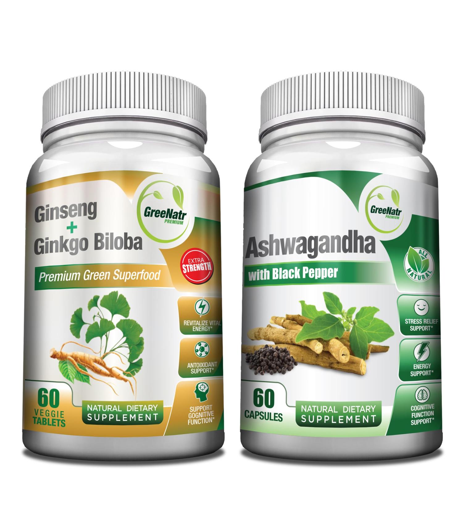 GreeNatr Premium Bundle for Holistic Well-Being: Organic Ashwagandha Capsules, with Black Pepper for Stress Relief, Plus Ginseng + Ginkgo Biloba Tablets, a Traditional Energy Booster. - Buy Online on GoSupps.com