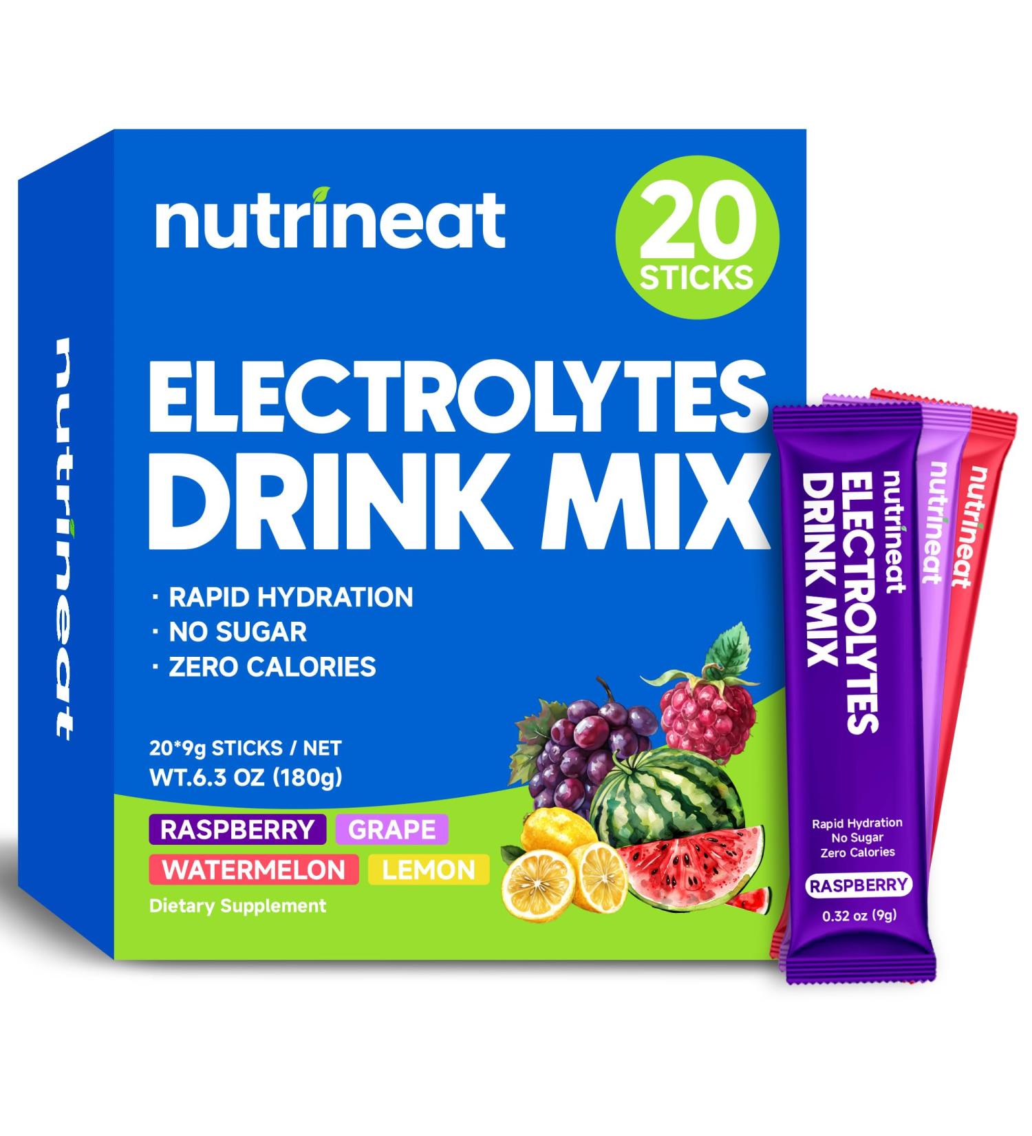NutriNeat Electrolytes Powder Packets (20 Count) Electrolytes Powder Sugar Free Fruity Daily IV Hydration Packets Perfect for Keto Workout & Recovery (Raspberry Grape Watermelon Lemon) - Buy Online on GoSupps.com