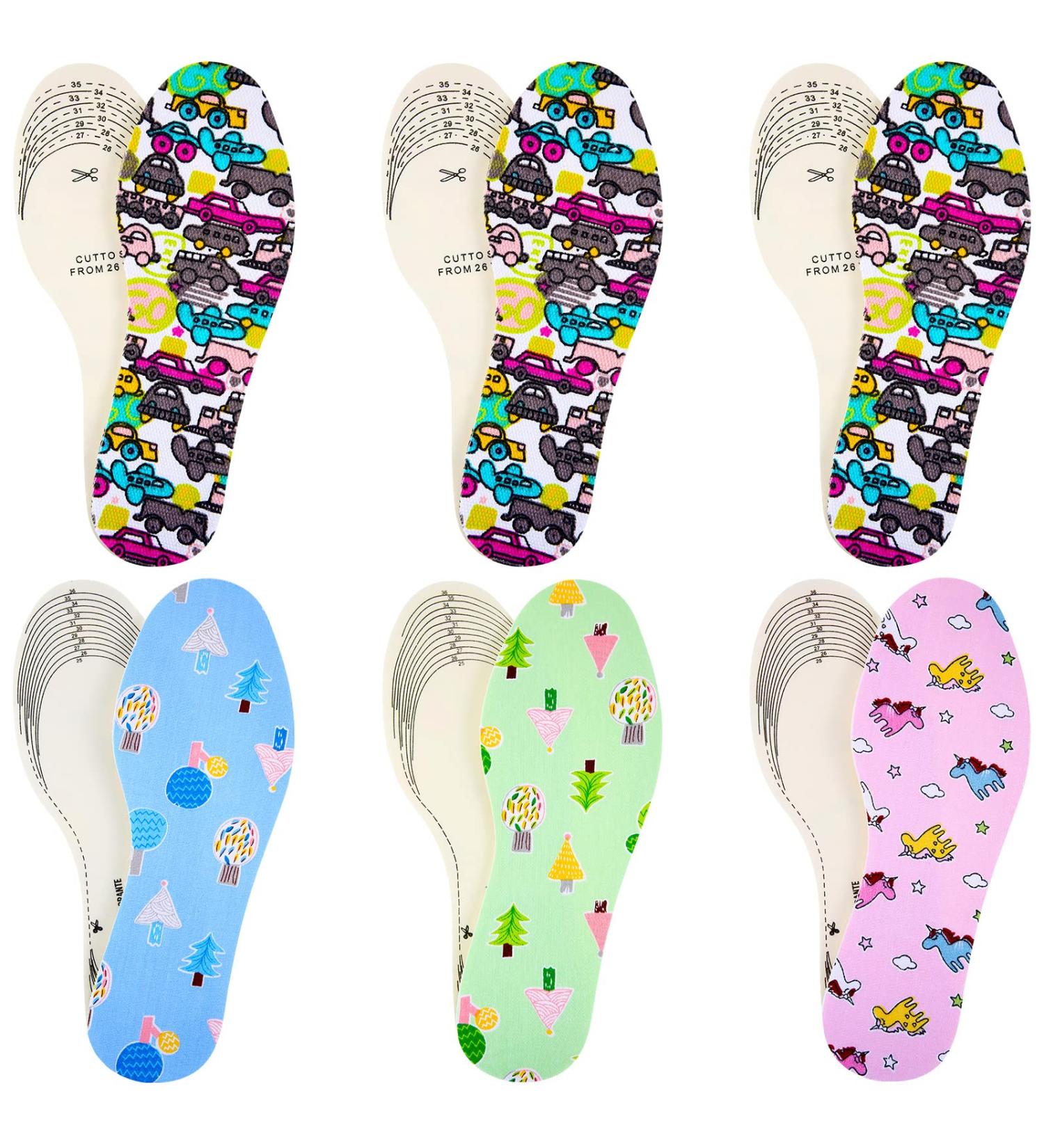 6 Pairs Kids Memory Foam Shoe Insoles - Breathable, Washable, Shock Absorbing, Cut to Size - Car, Unicorn, and Pine Styles - Buy Online on GoSupps.com